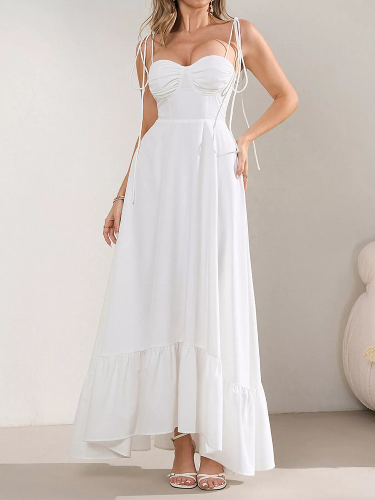 Sweetheart Neck Tie-Strap Ruffle Hem Maxi Dress