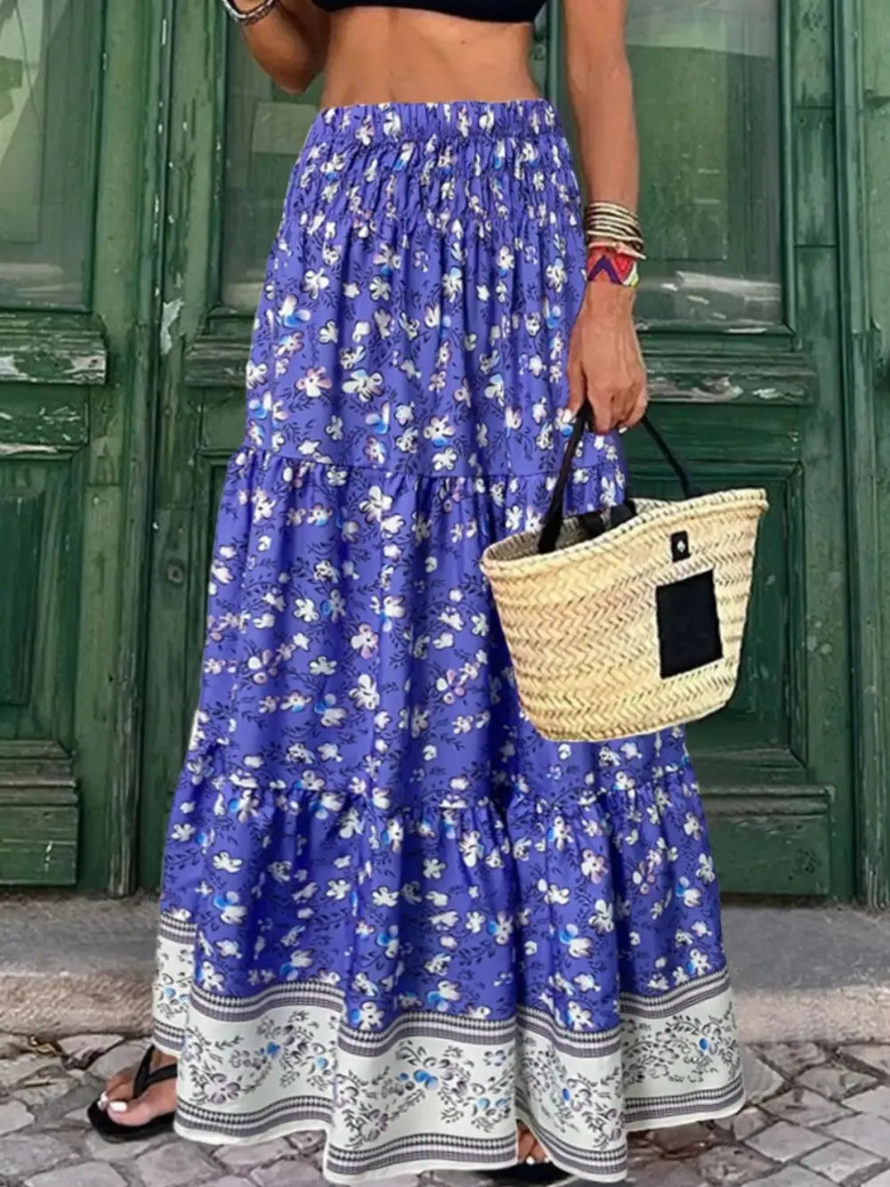 Tiered Printed Elastic-Waist Skirt