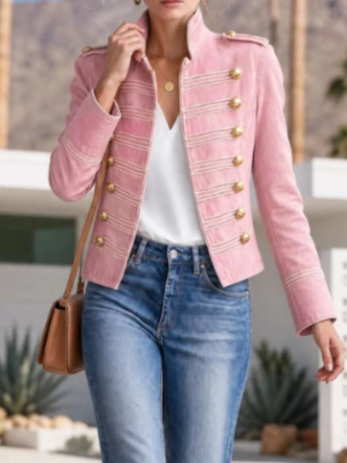 Dusty Pink Military-Inspired Denim Jacket