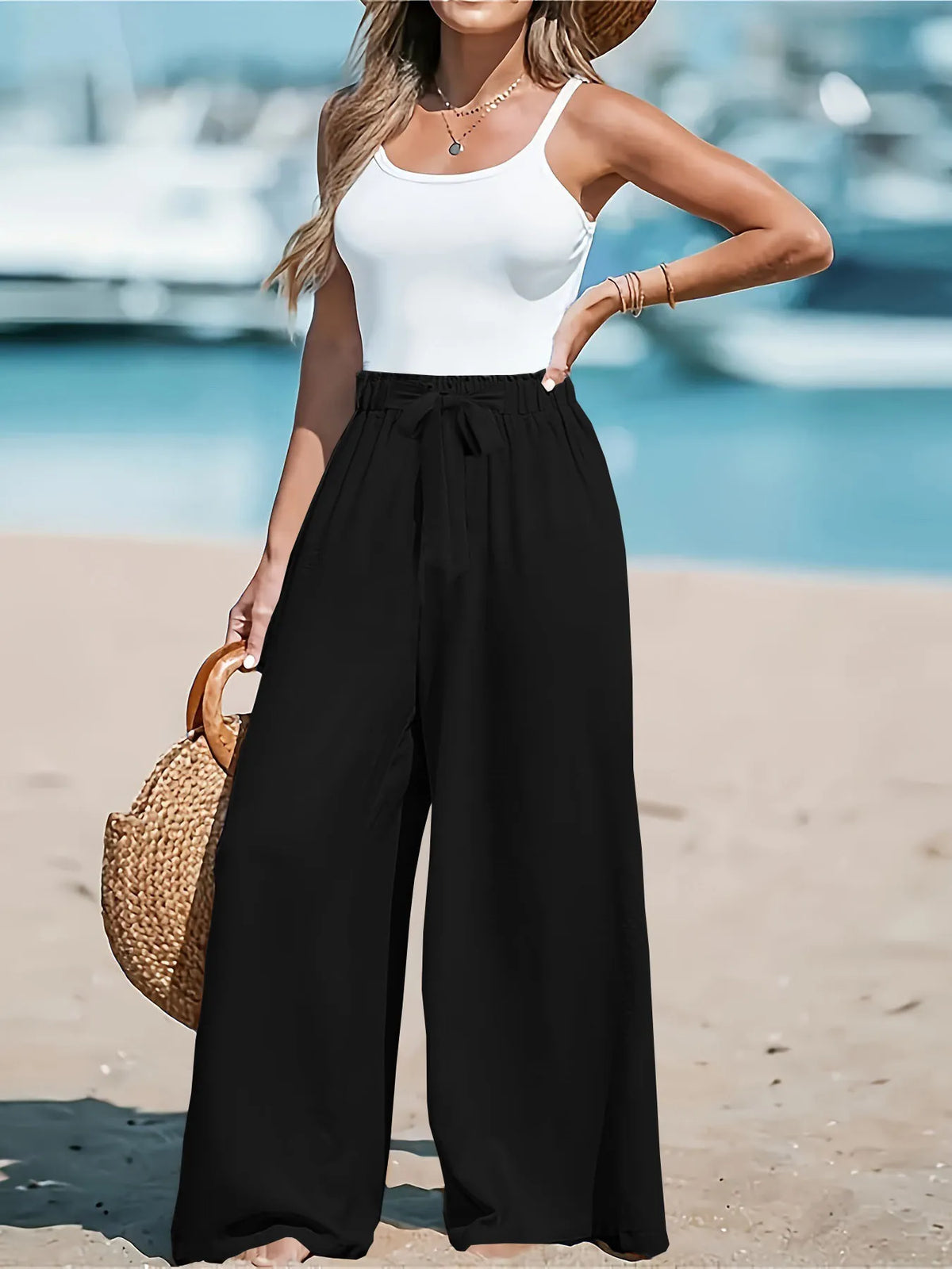 Drawstring Waist Wide-Leg Pants