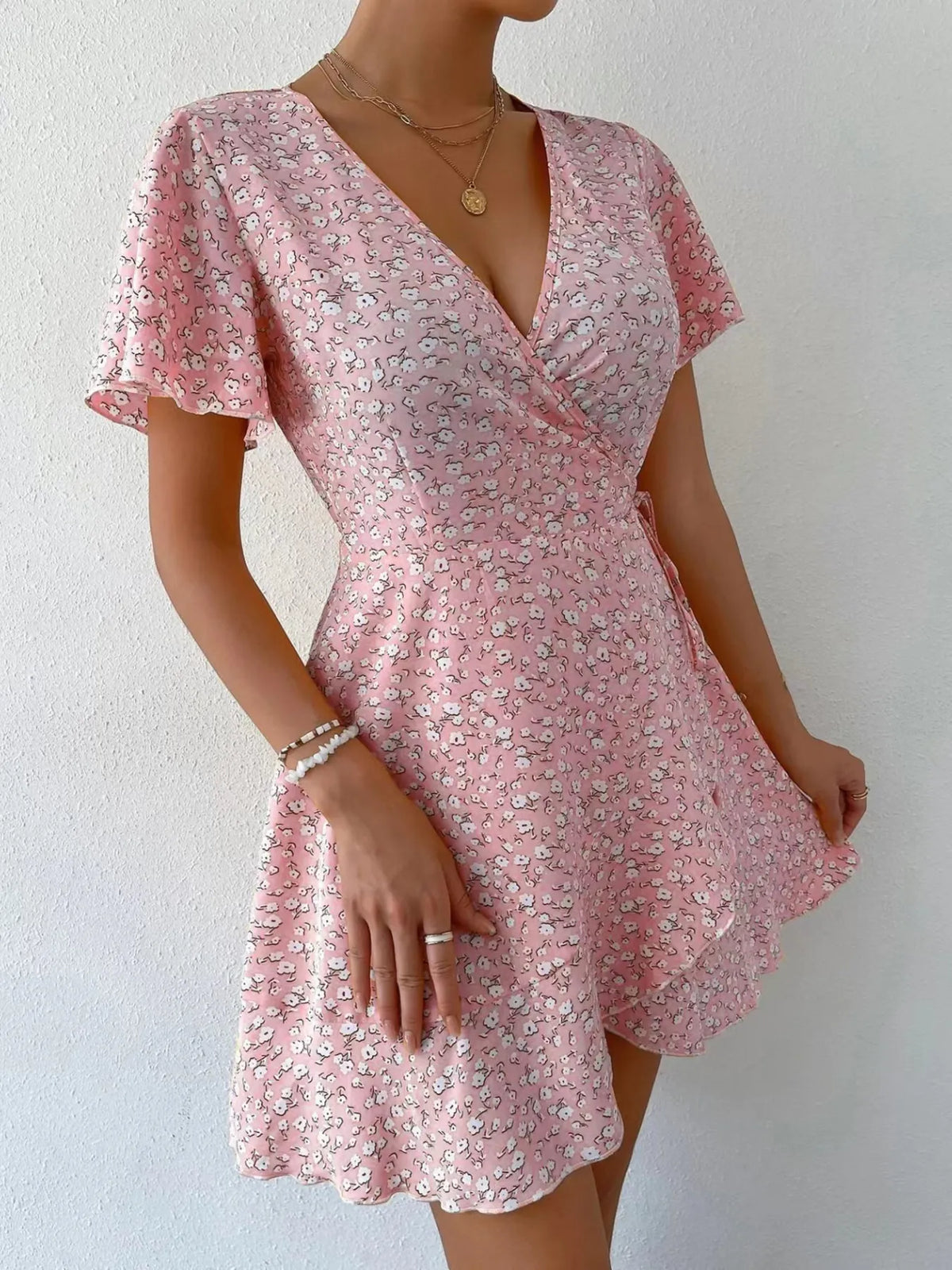 Floral Flutter Sleeve Wrap Mini Dress by Elaine