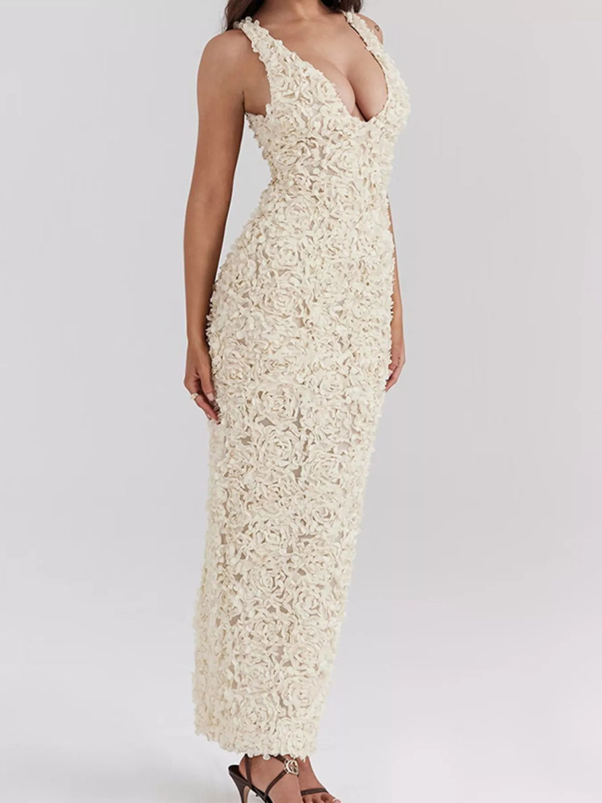 Floral Applique Deep V-Neck Maxi Dress in White
