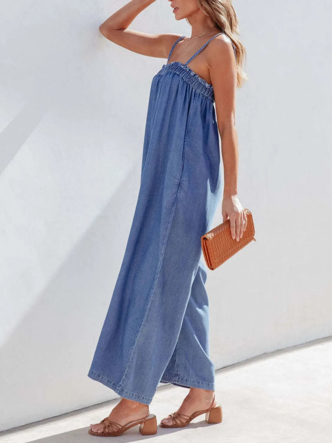 Spaghetti Strap Wide Leg Denim Jumpsuit in Medium Wash by Yolan House