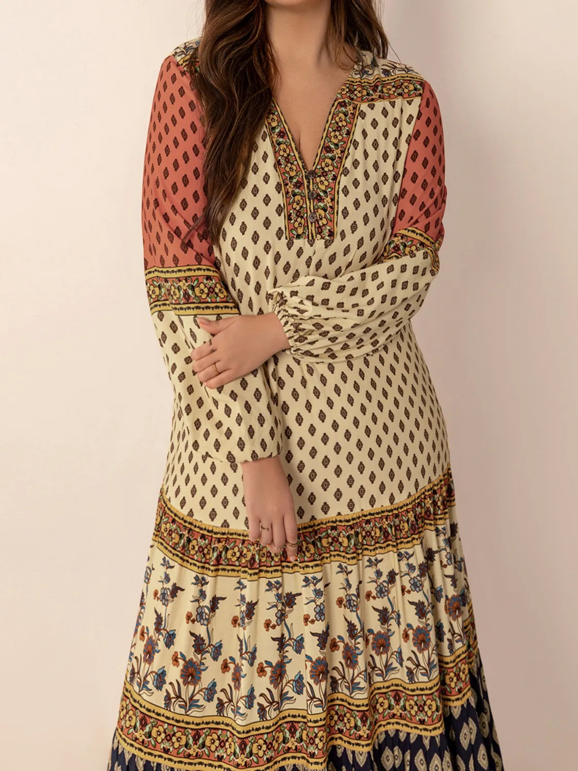 Printed V-Neck Balloon Sleeve Maxi Dress in Khaki