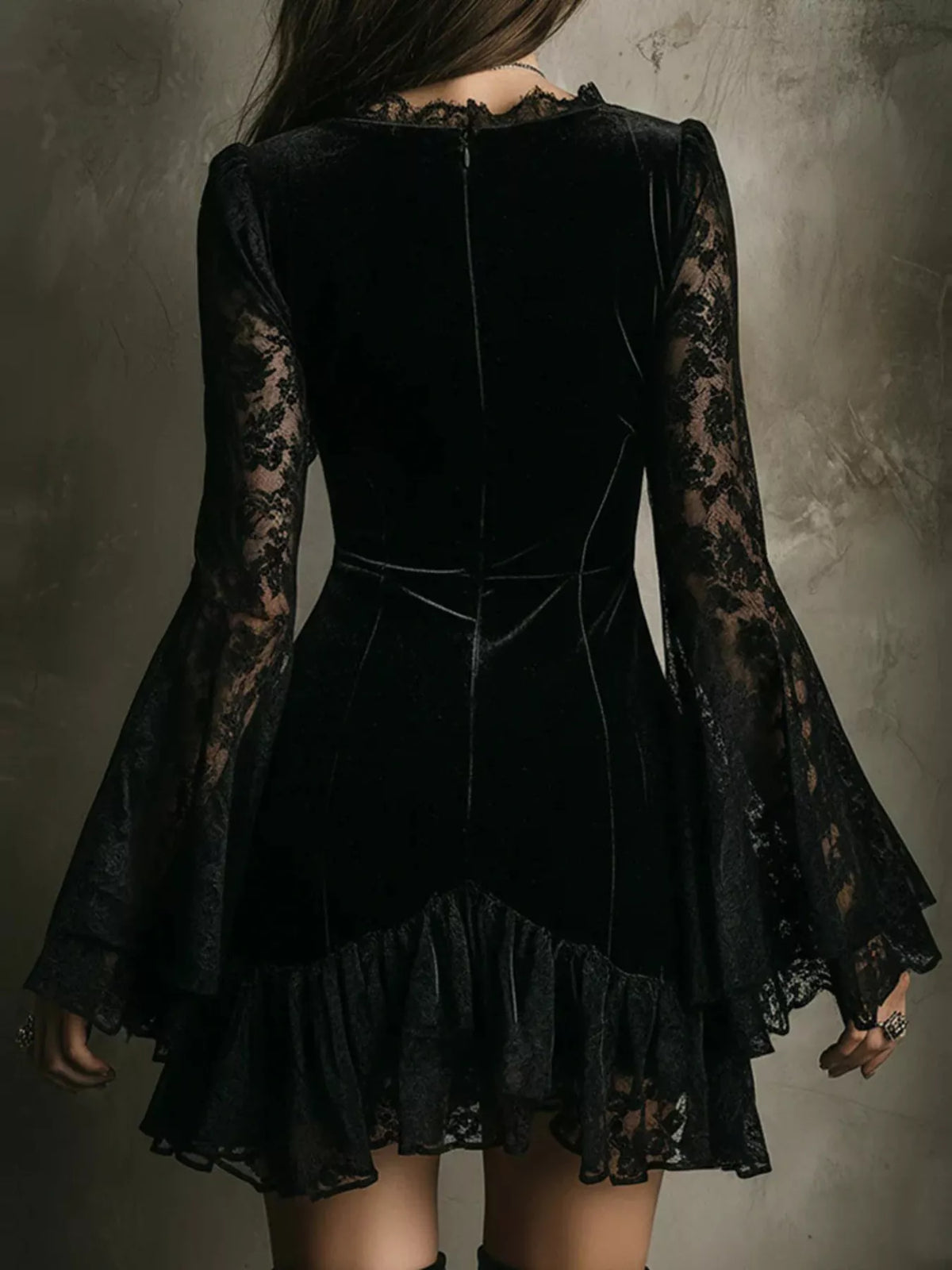 Velvet Lace Trim V-Neck Mini Dress in Black