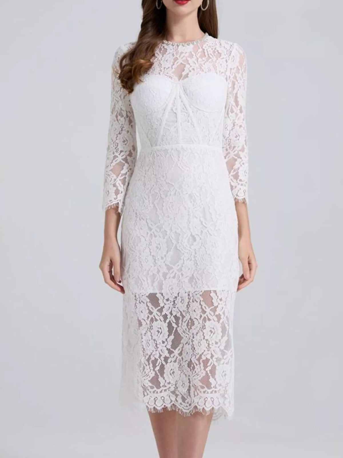 Lace Midi Dress with Long Sleeves and Slit
