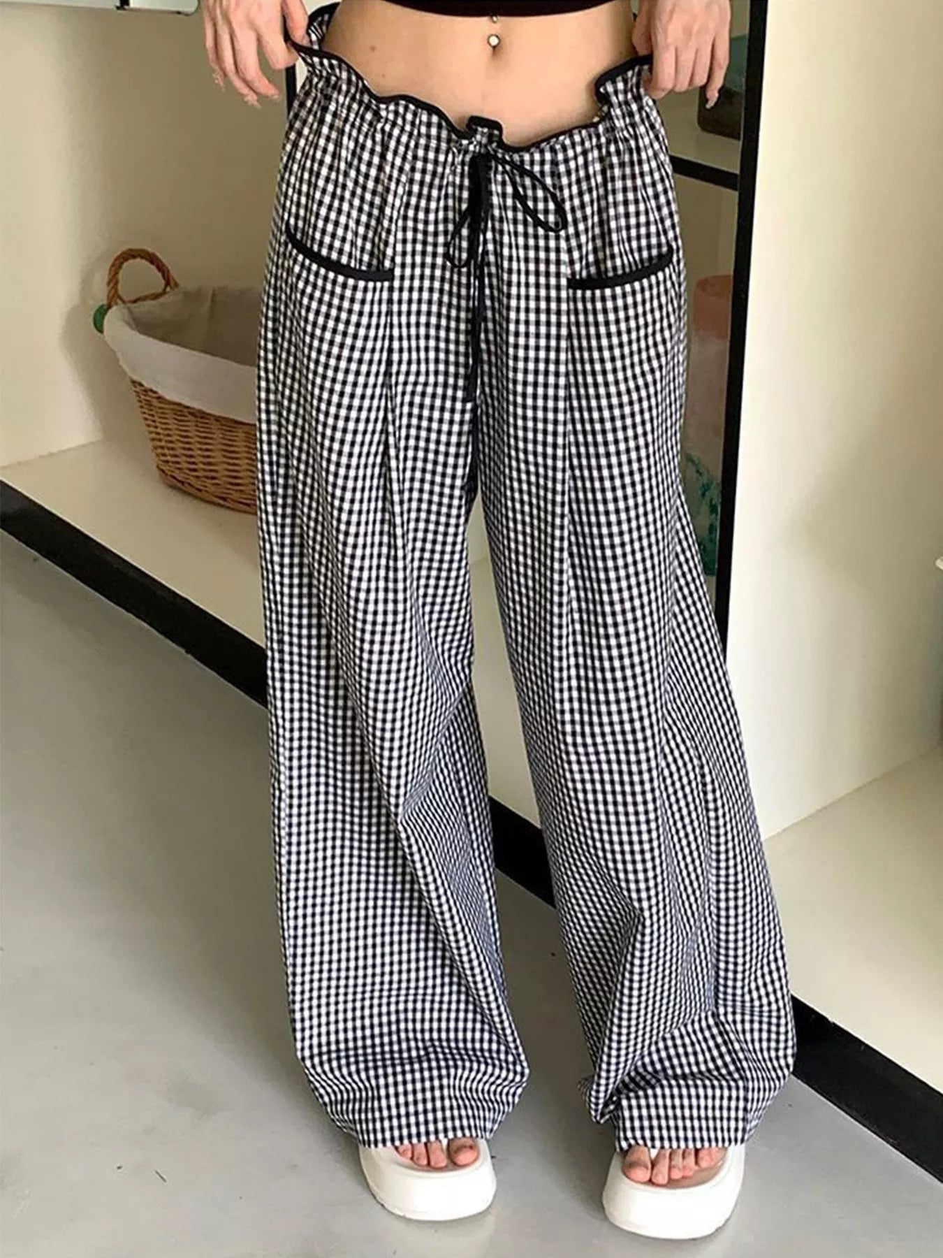 Gingham Wide Leg Pants in Black