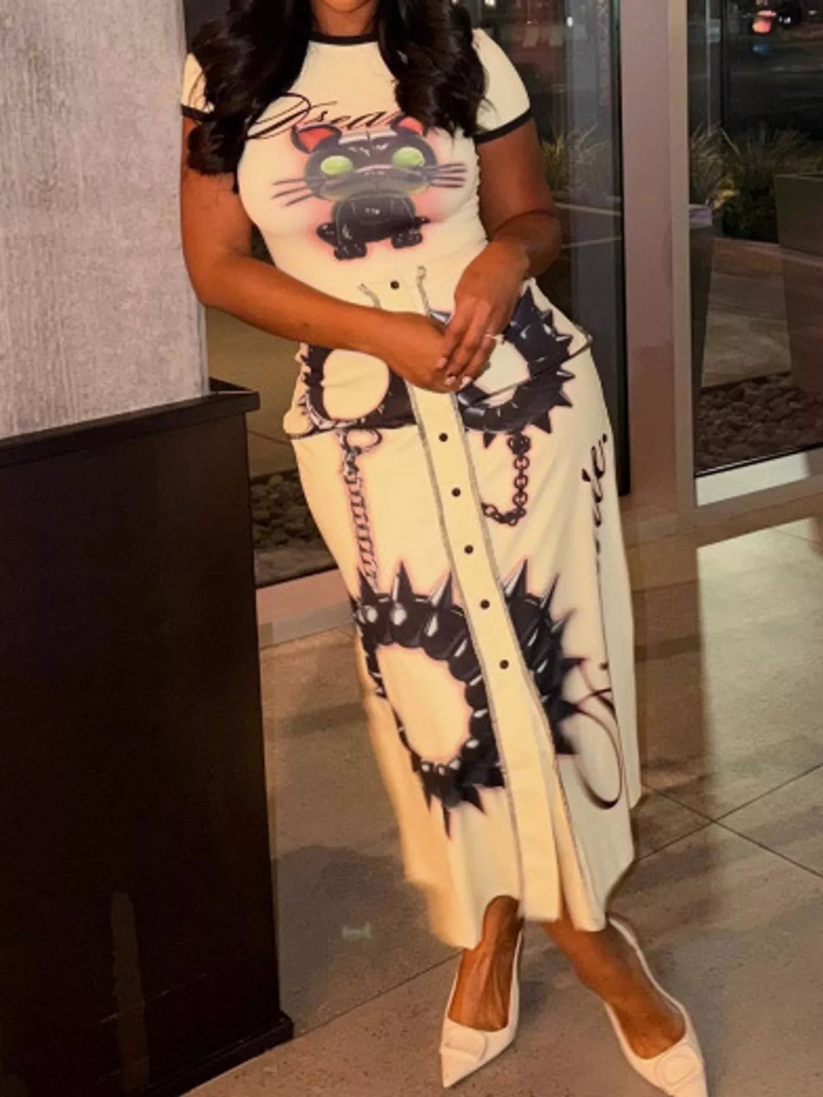 Cat Print Bodycon Maxi Dress in Off-White