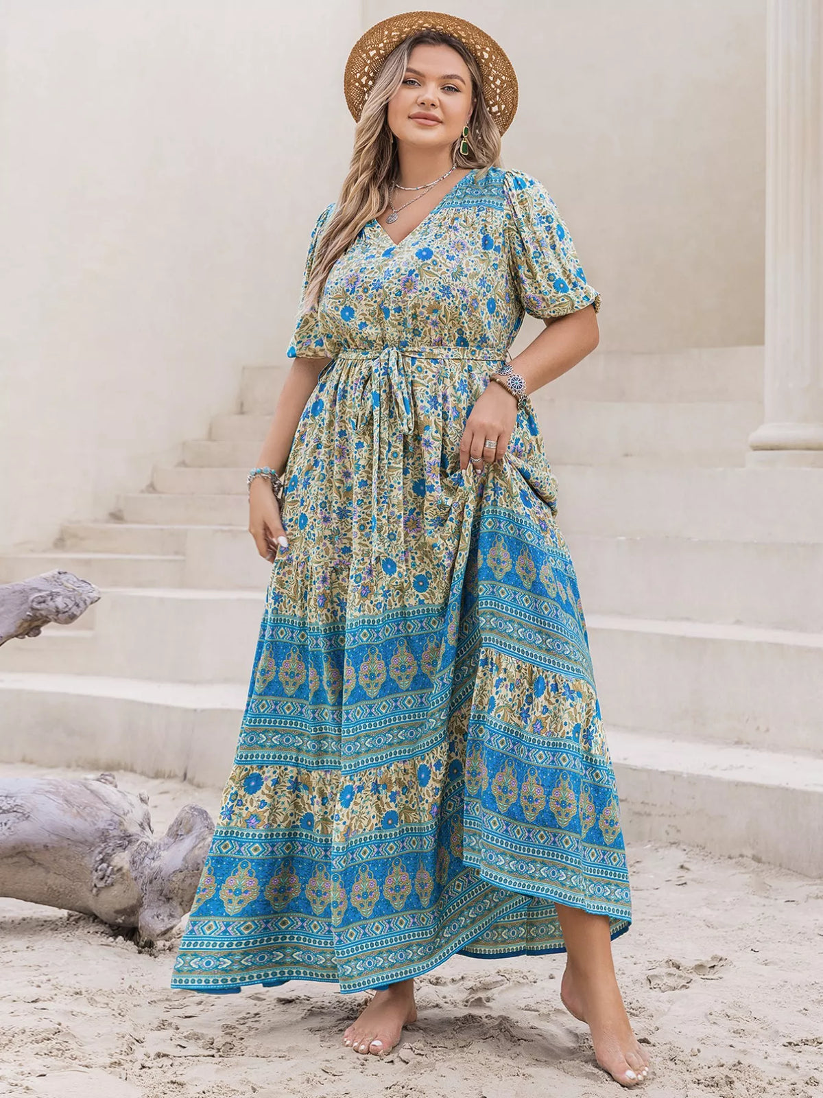 V-Neck Floral Print Maxi Dress in Sky Blue