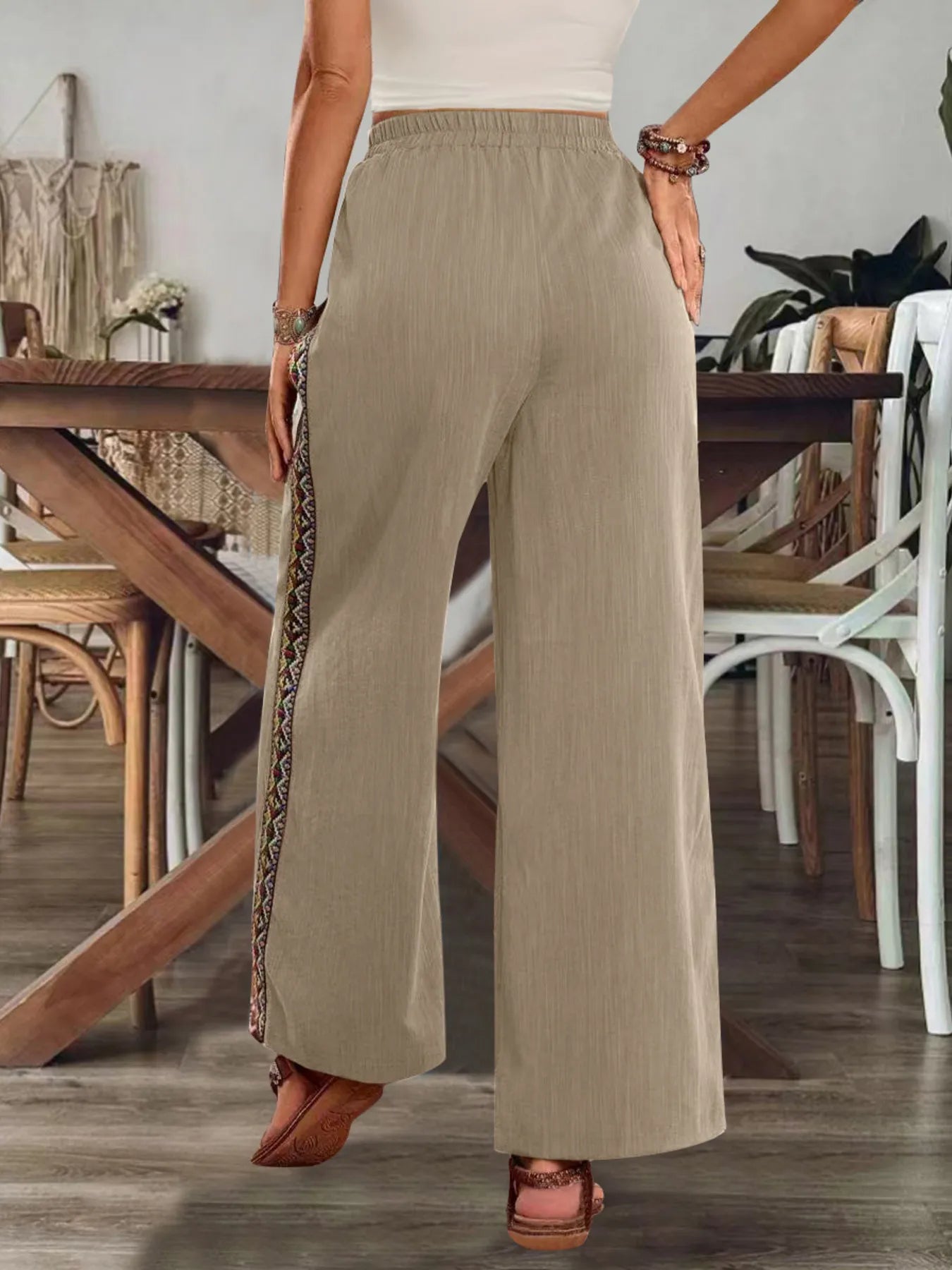 Embroidered Side-Stripe Wide-Leg Pants