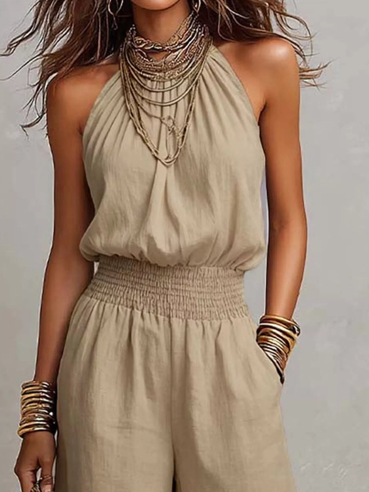Halter Neck Wide-Leg Jumpsuit in Khaki