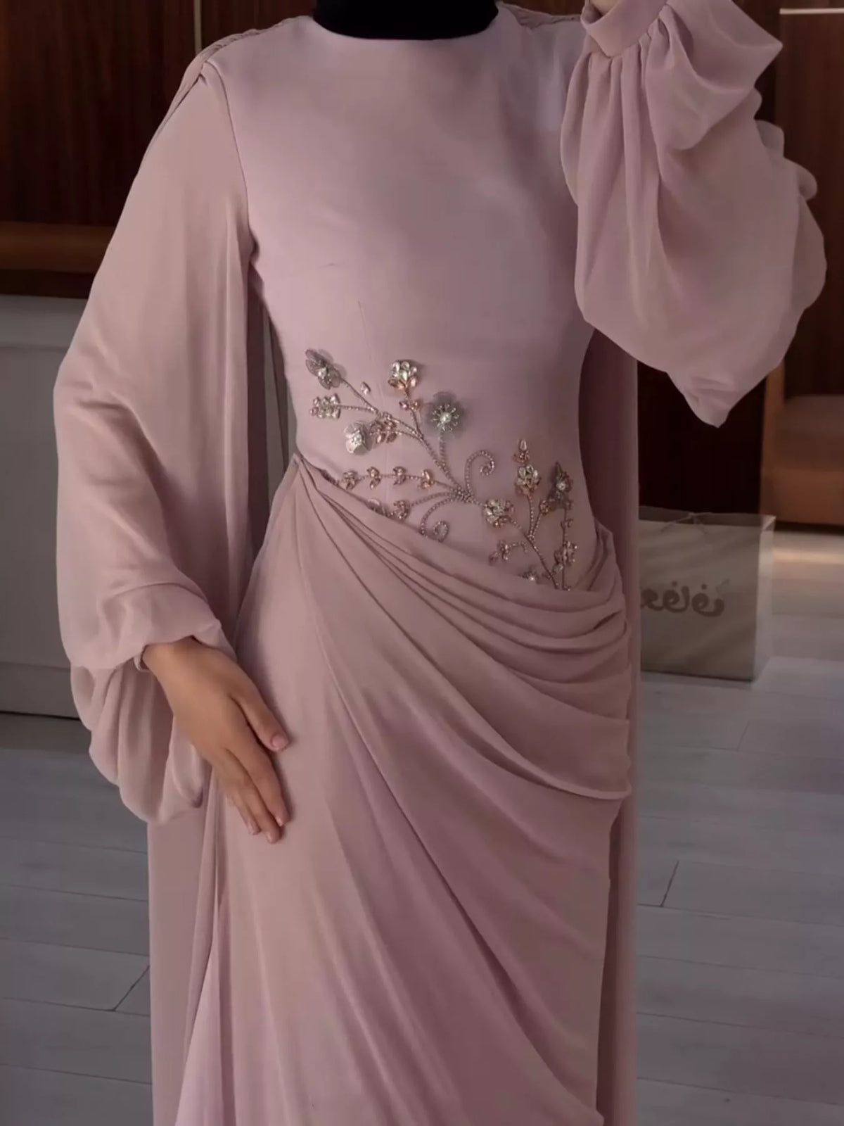 Long-Sleeve Rhinestone Ruched Maxi Evening Dress