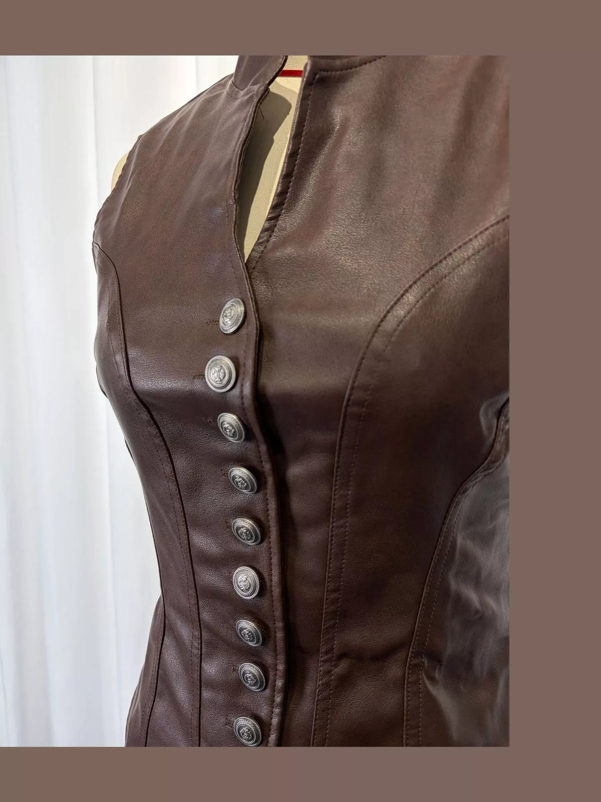 Slim-Fit Faux Leather Vest Coat in Coffee