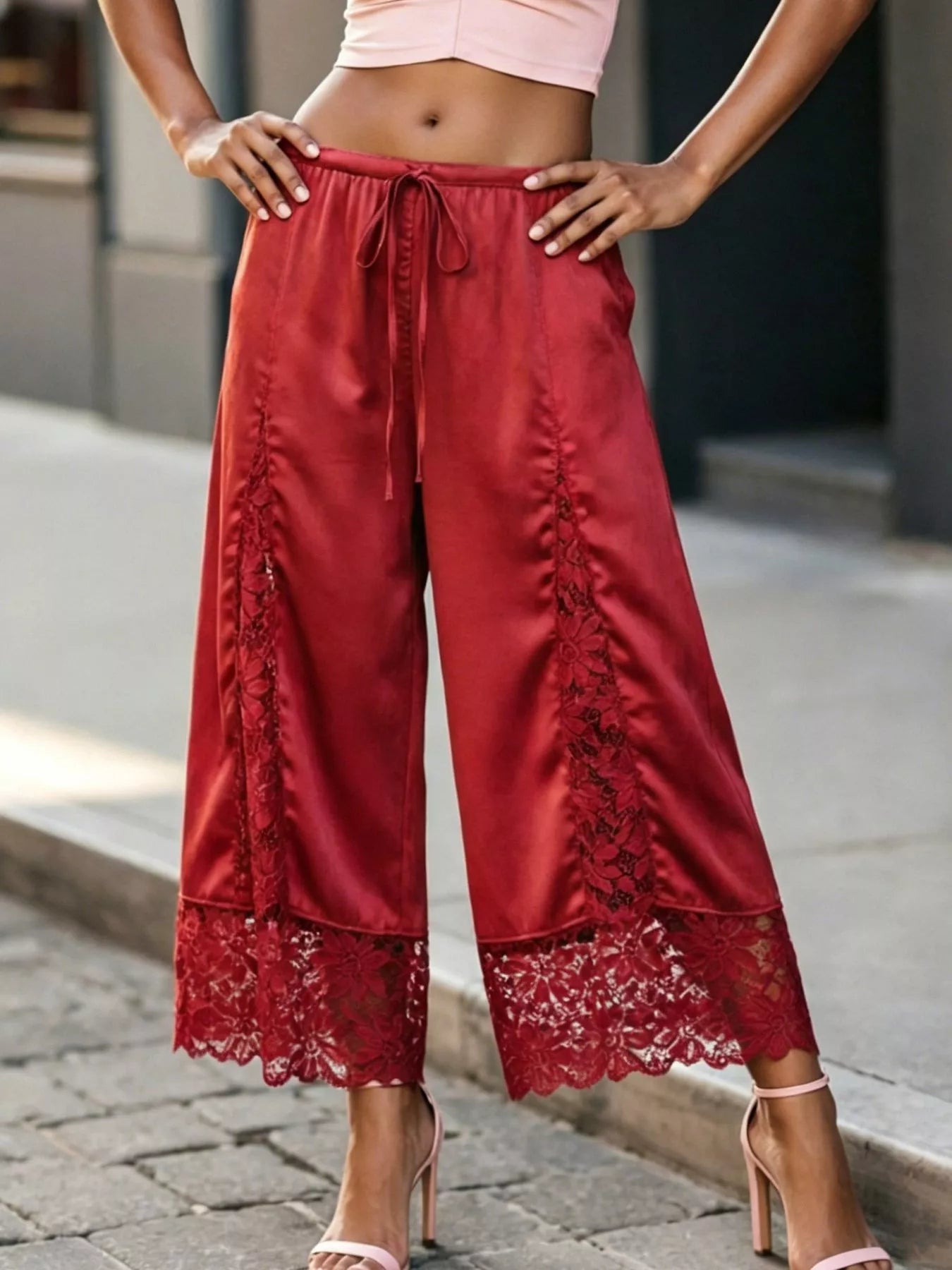 Lace-Trim Wide-Leg Cropped Pants