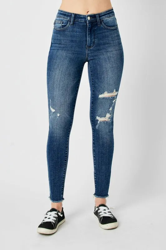 Judy Blue High Waist Distressed Skinny Jeans in Dark Wash