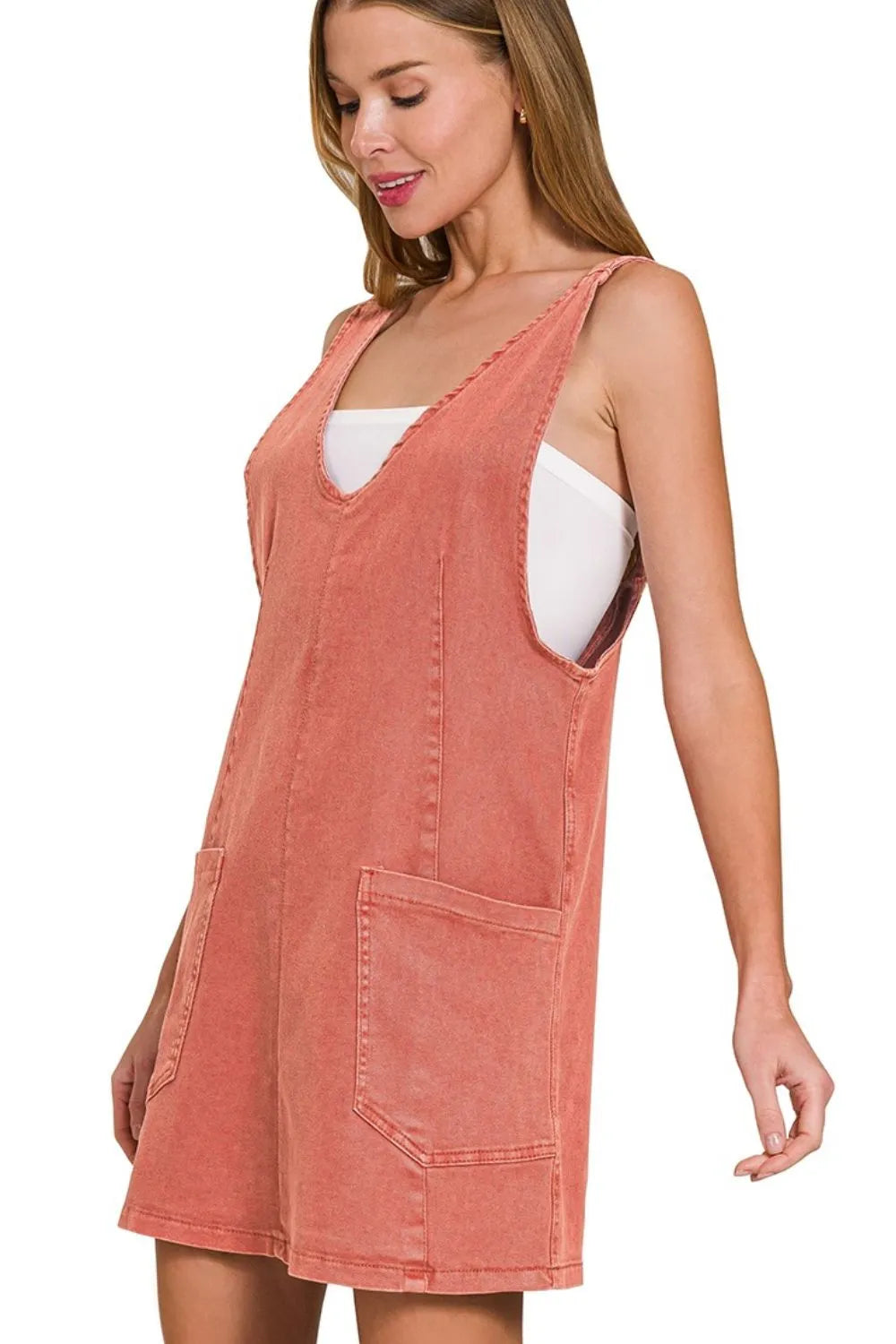 Zenana Washed Adjustable Strap Denim Overall Dress in Cabernet