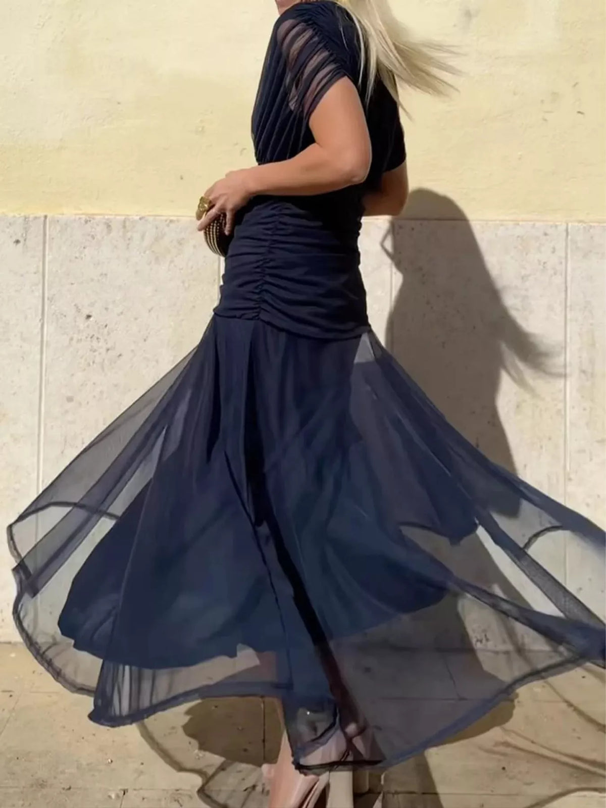 Off-Shoulder Mesh Ruched Maxi Dress, Plus Size
