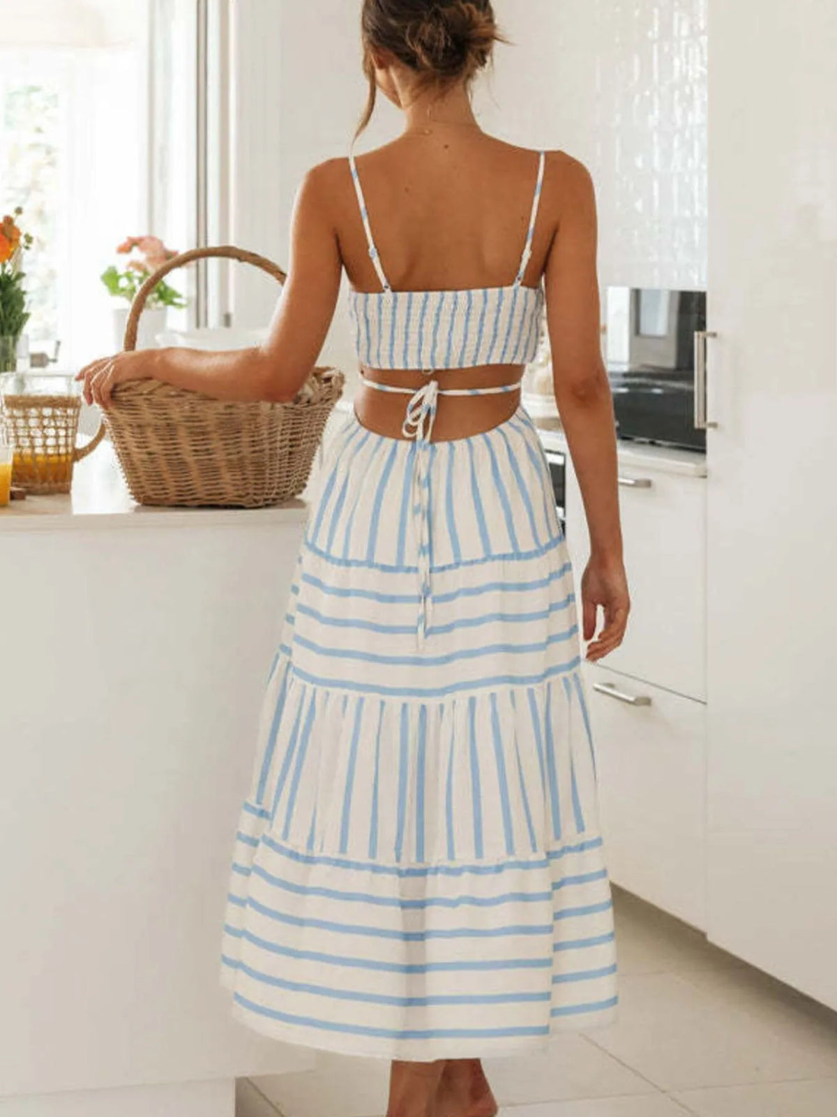 Cutout Striped Tiered Midi Dress in White