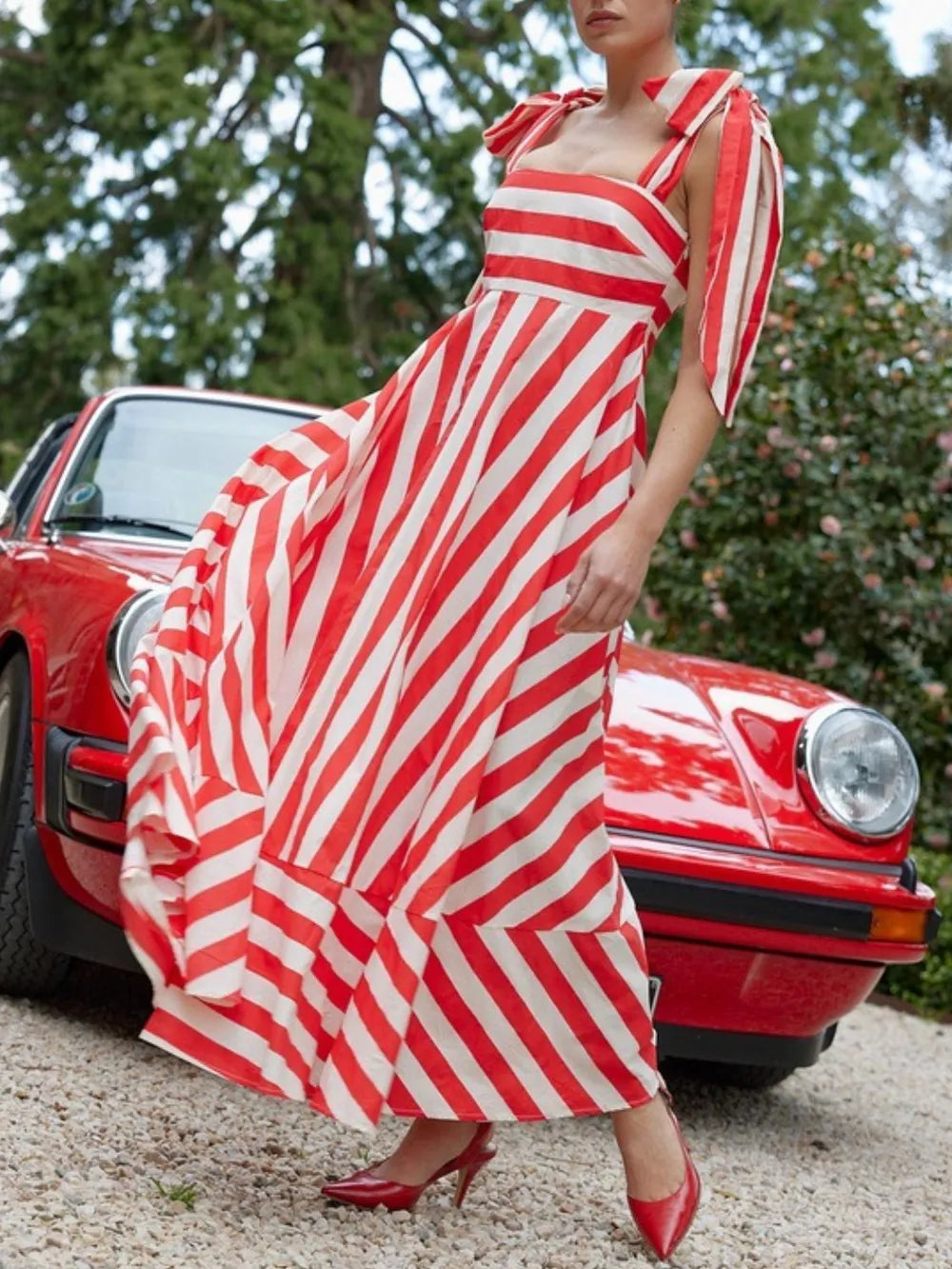 Striped Square Neck Wide Strap Dress in Red