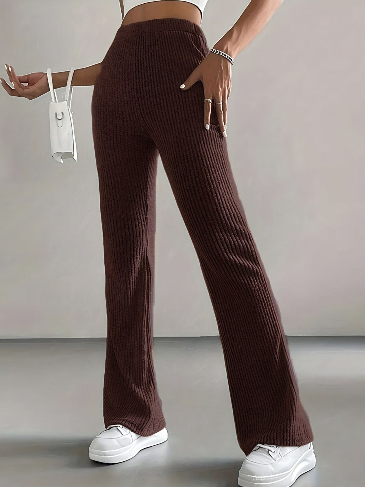 Ribbed Knit High-Waisted Flare Pants