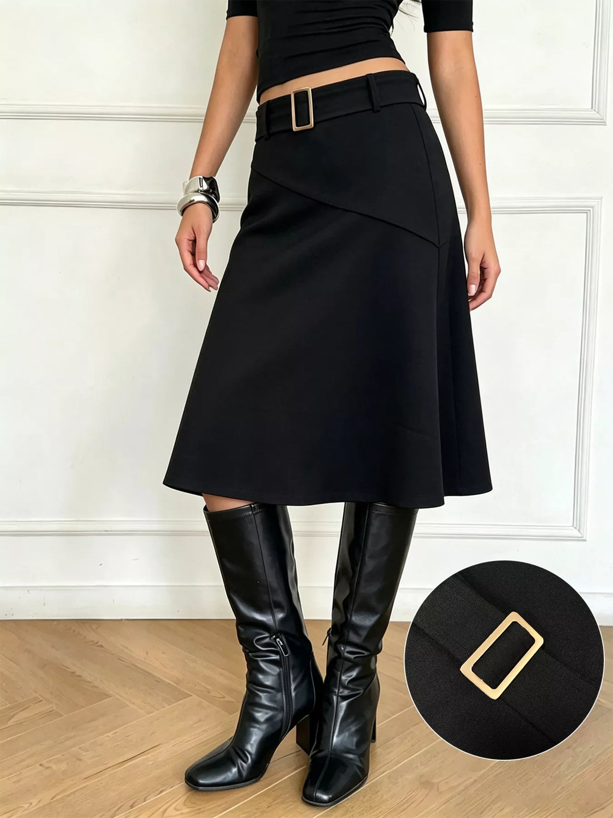 High-Waisted A-Line Midi Skirt in Black