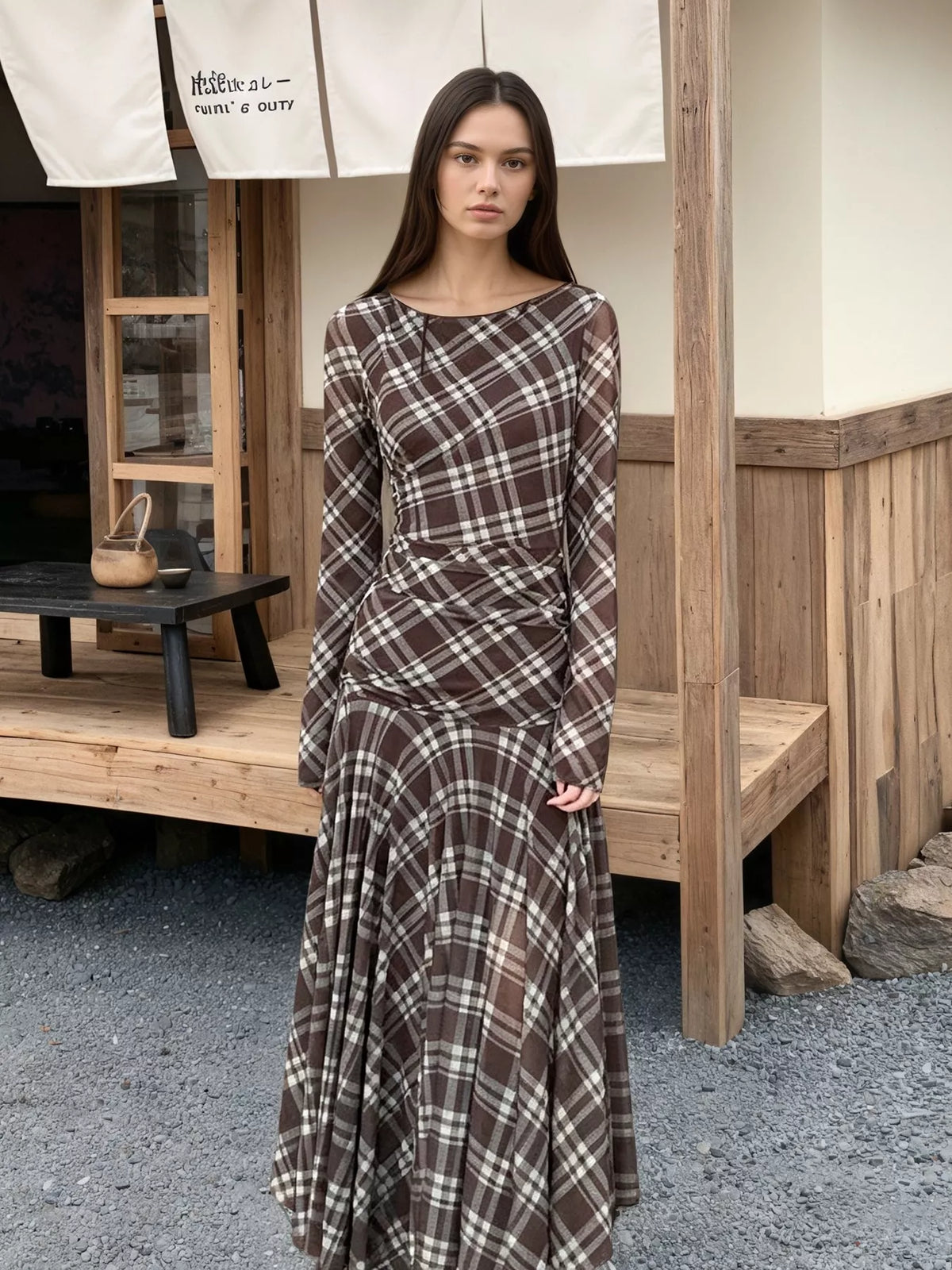 Plaid Slim-Fit Maxi Dress in Brown