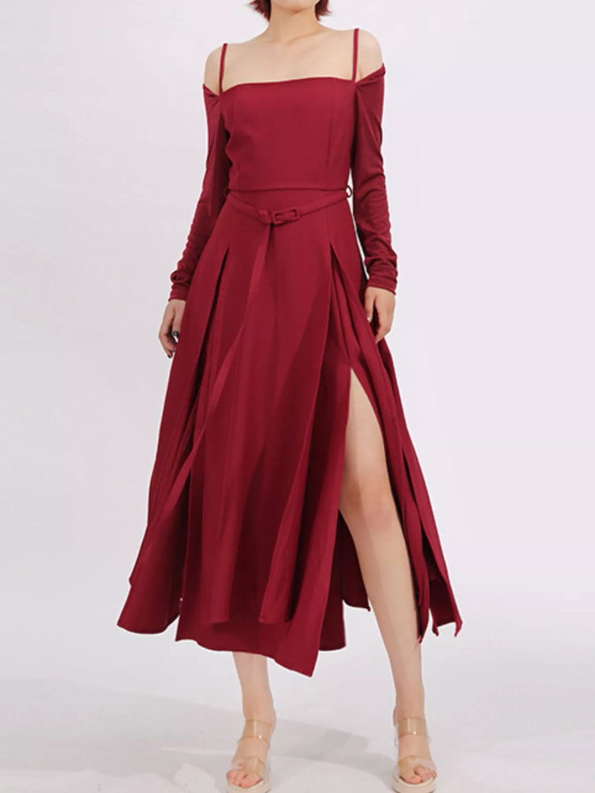 Belted Ruched Slit Long Sleeve Dress