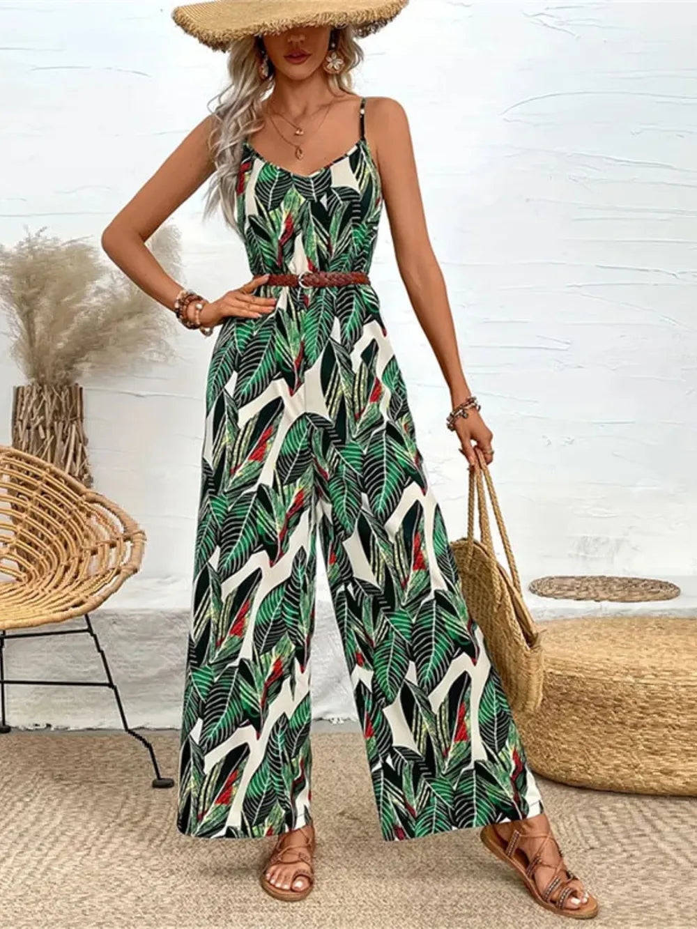 Tropical Print Wide Leg Jumpsuit in Dark Green