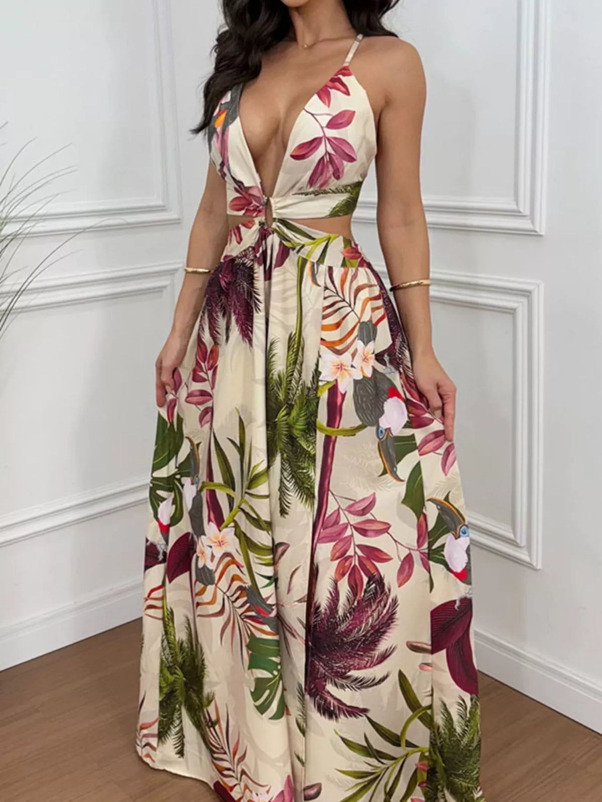 Tropical Print Plunge Cutout Maxi Dress