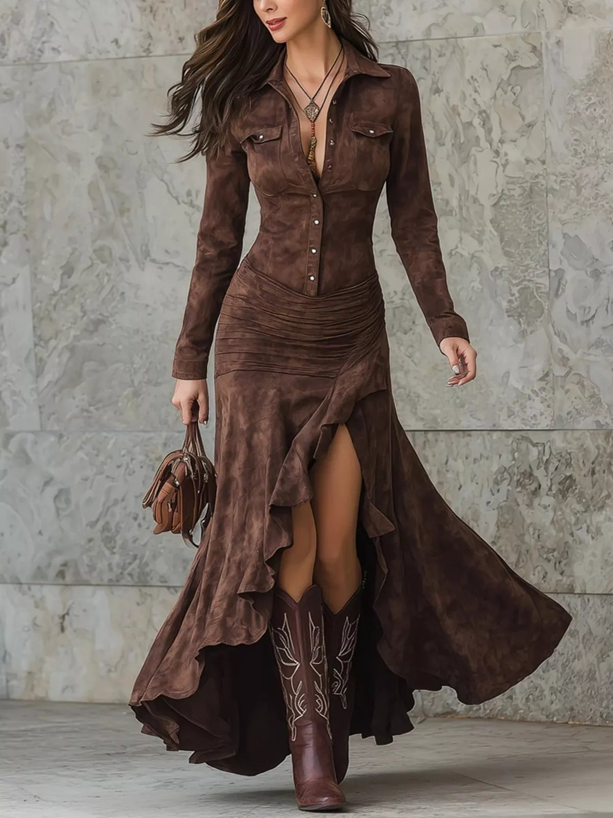 Button Front High-Low Maxi Dress in Dark Brown