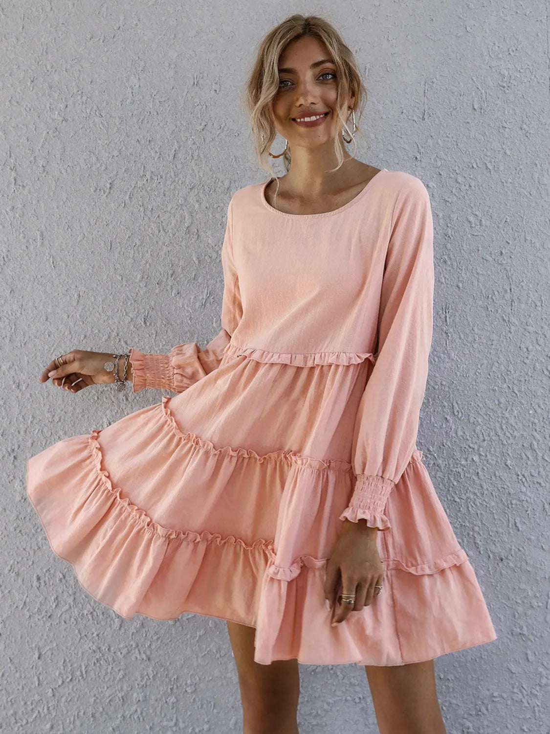 Frill Tiered Long-Sleeve Mini Dress