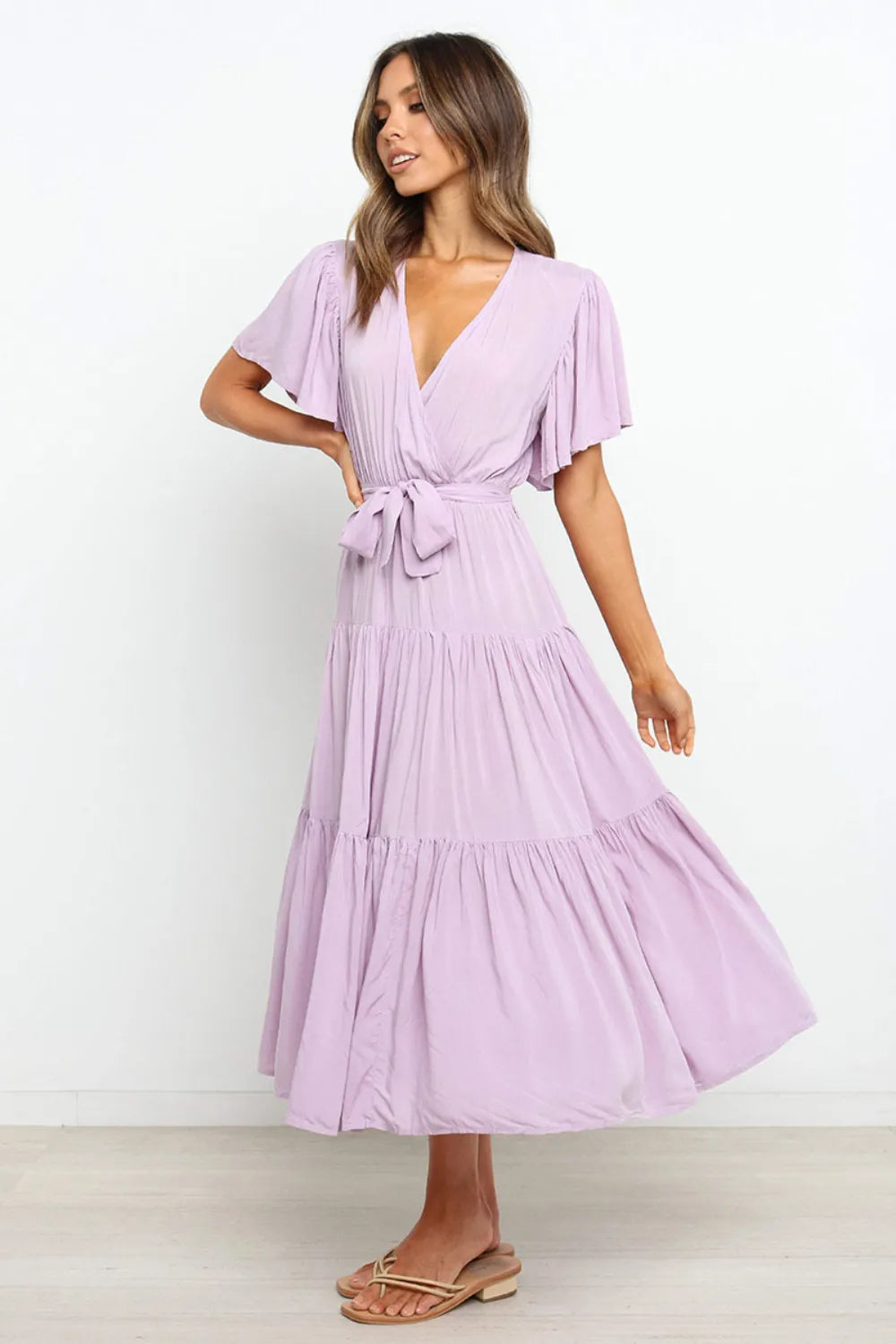 Tied-Back Tiered Midi Dress