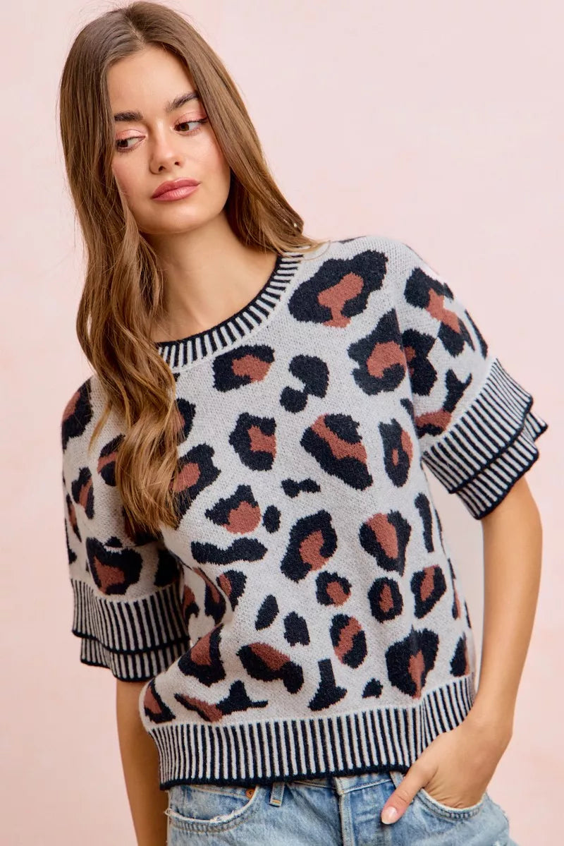 Two-Tone Double Sleeve Knit Top in Leopard by BiBi