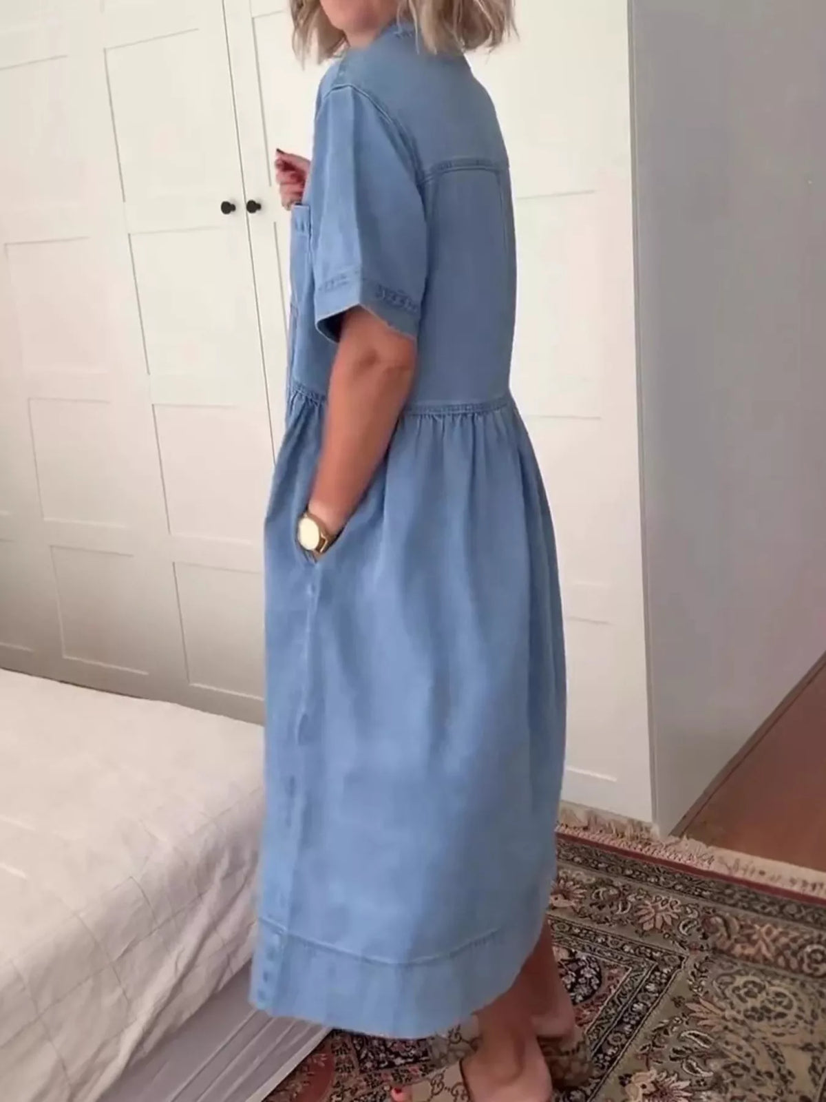 Button-Front Denim Midi Dress in Blue