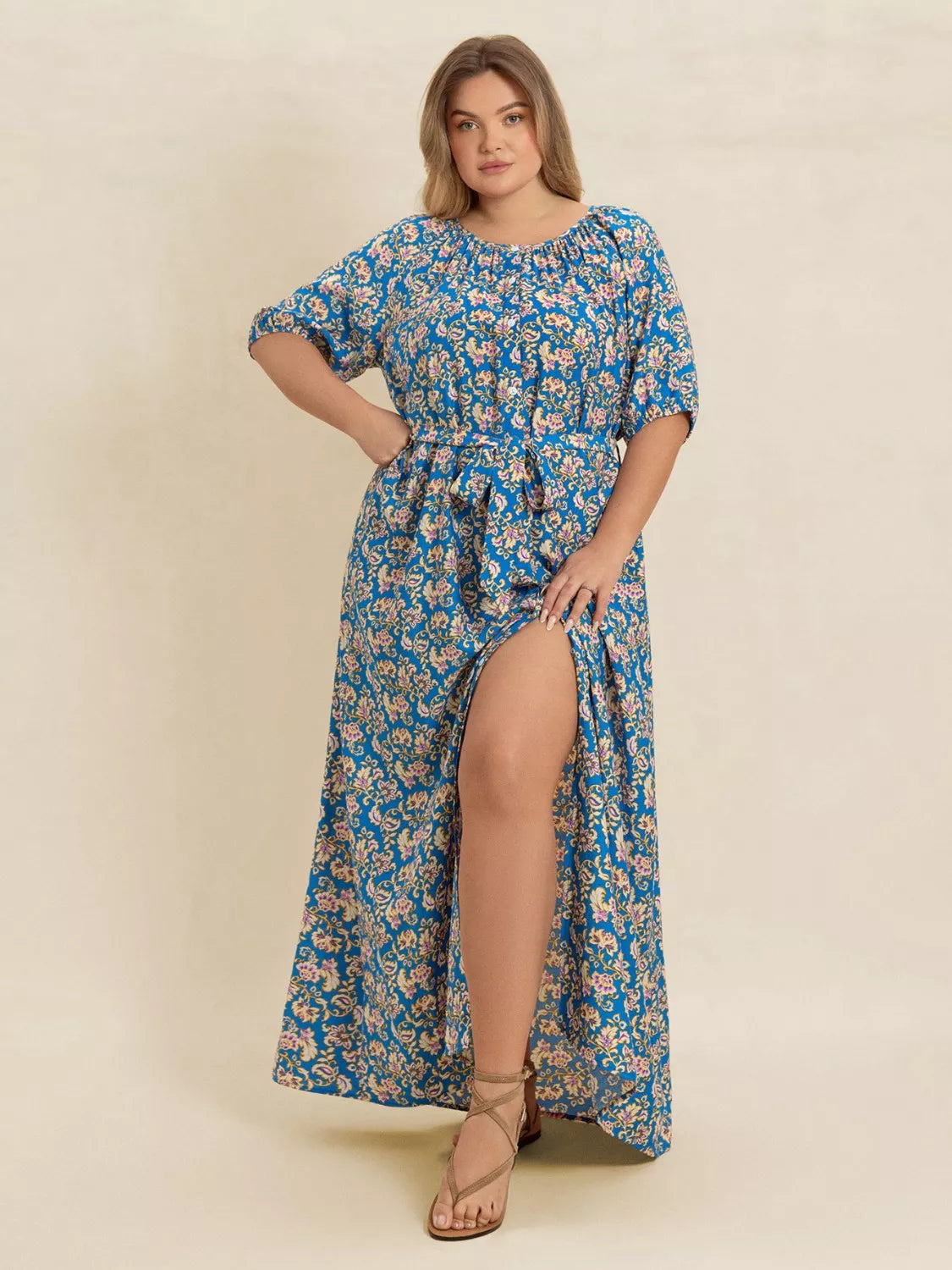 Plus Size Floral Maxi Dress with Side Slit in Blue