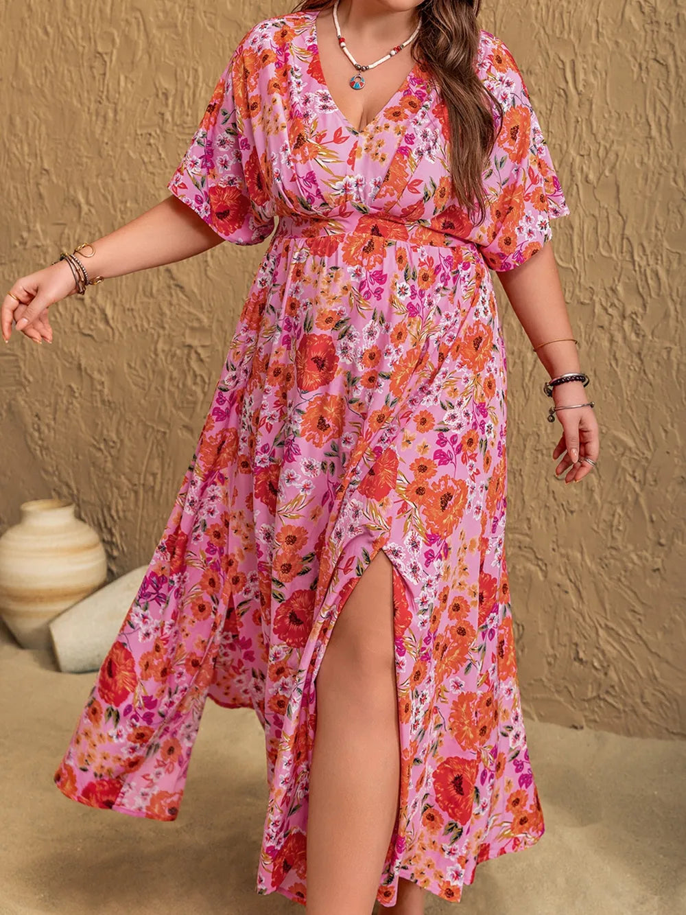 Floral V-Neck Maxi Dress in Fuchsia Pink