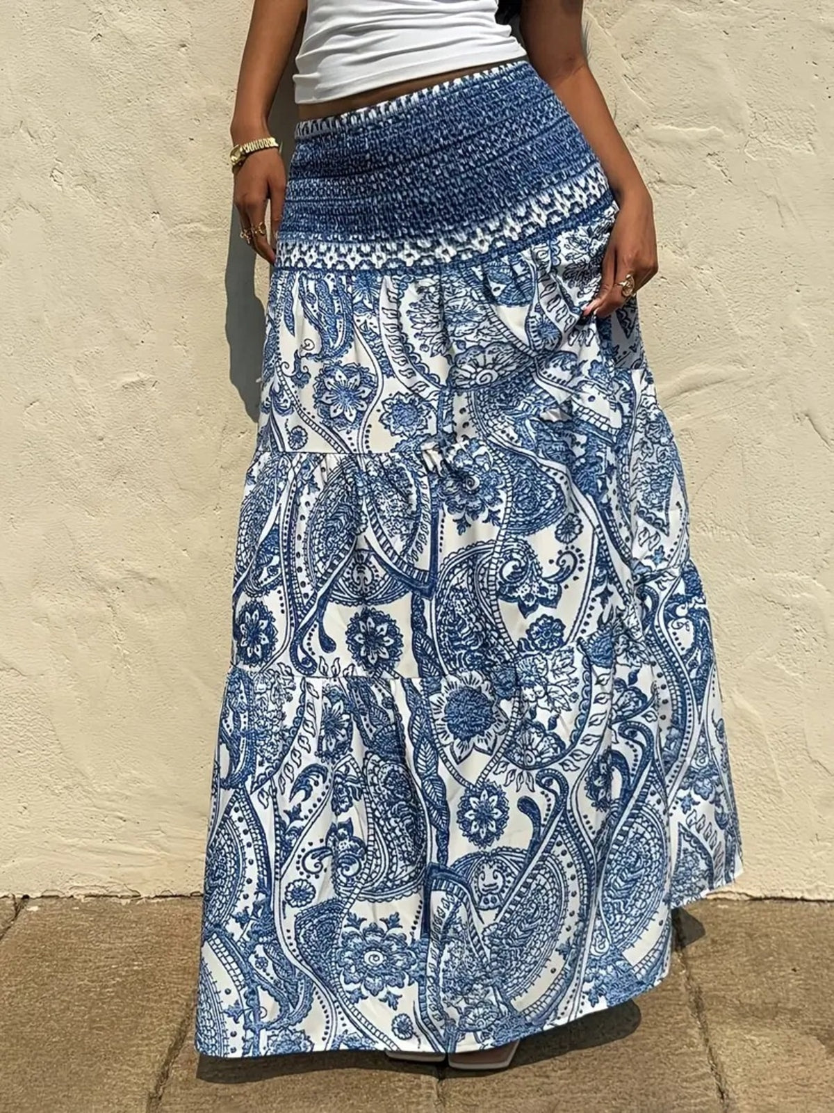 Smocked Paisley Print Maxi Skirt