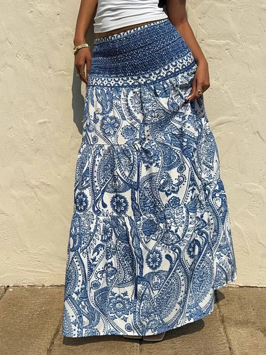 Smocked Paisley Print Maxi Skirt