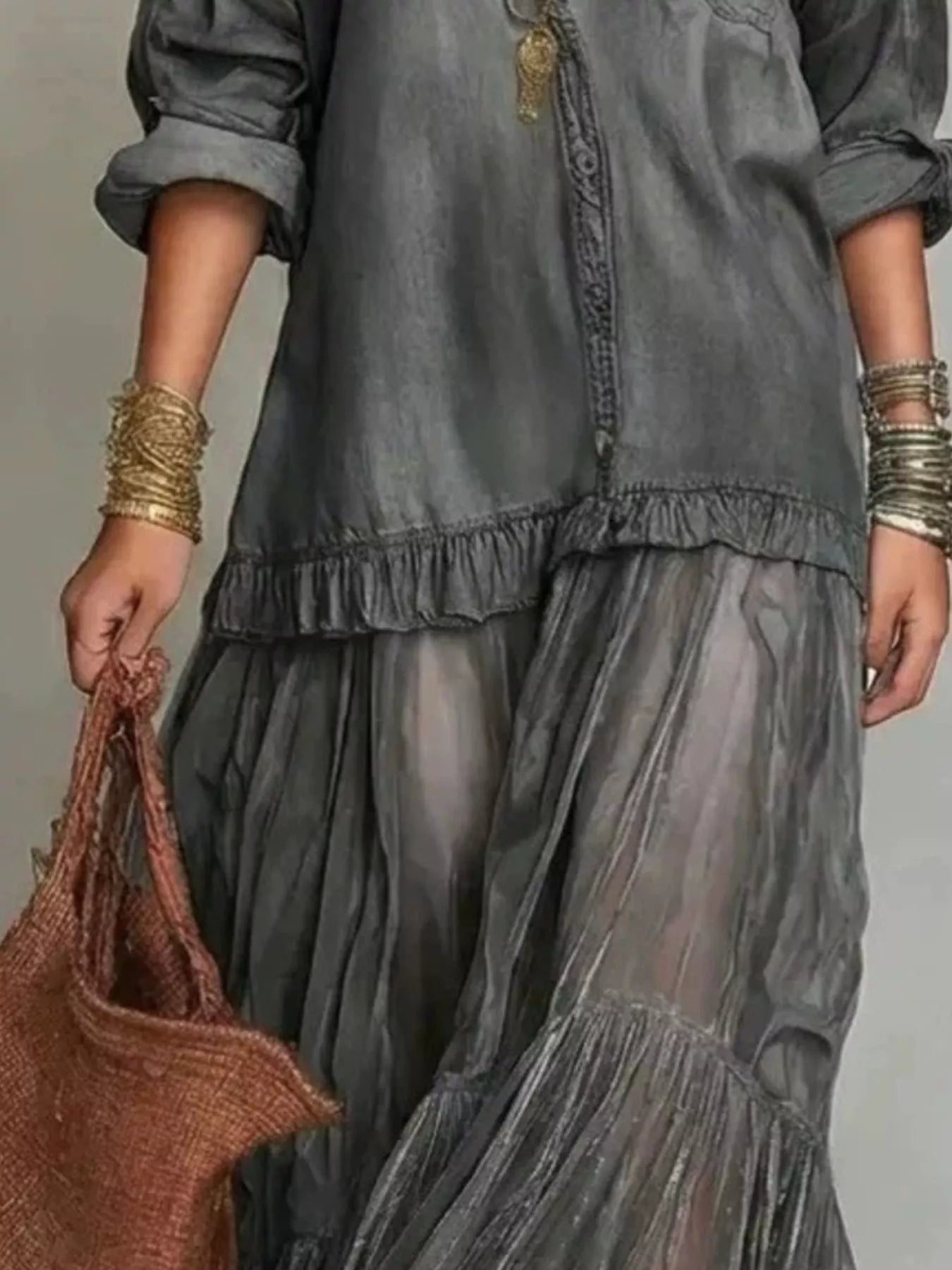 Tiered Long-Sleeve Denim Shirt Maxi Dress, Plus Size