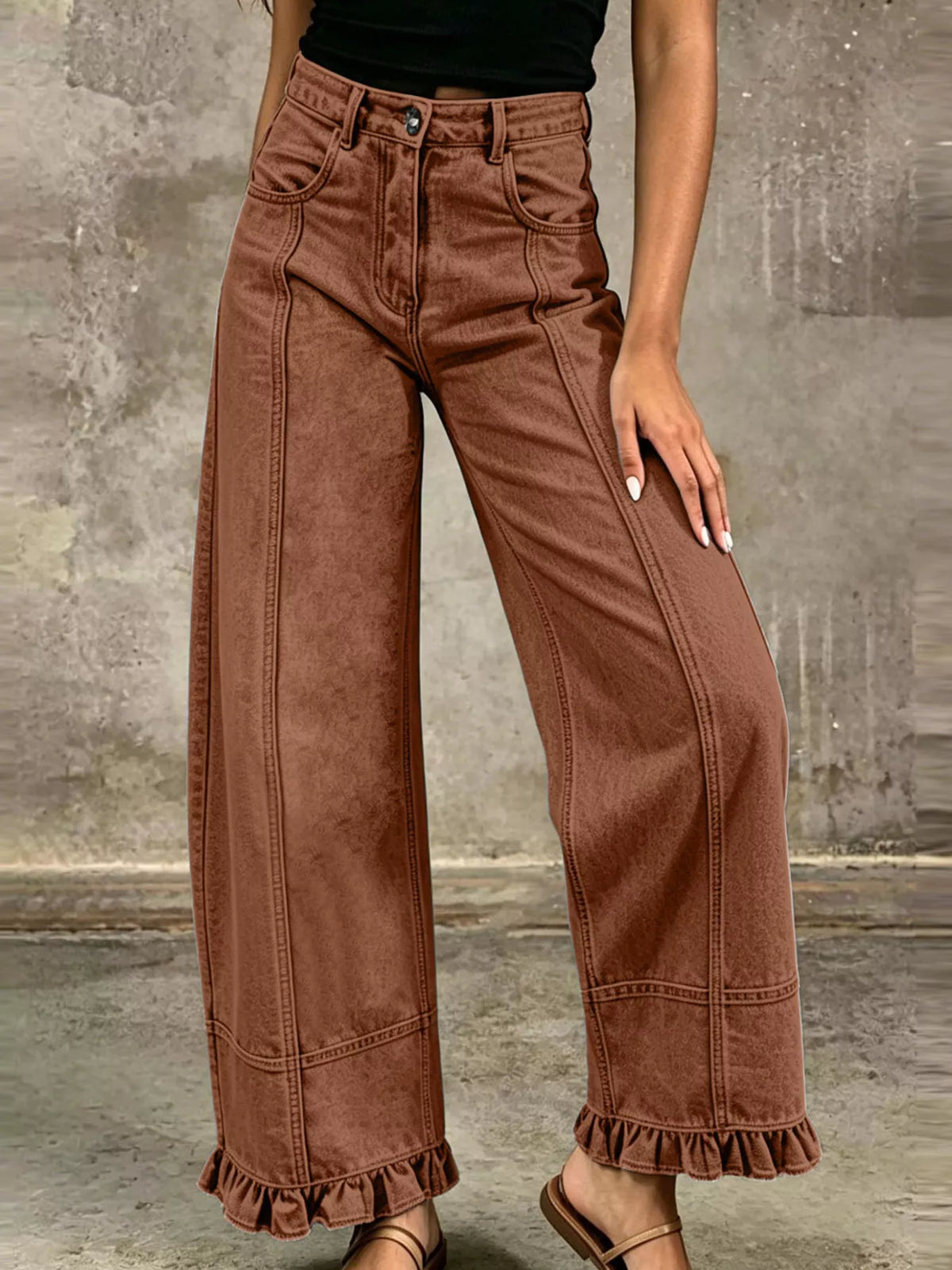 High-Waisted Wide-Leg Ruffled Hem Jeans by Dreamy Drapes