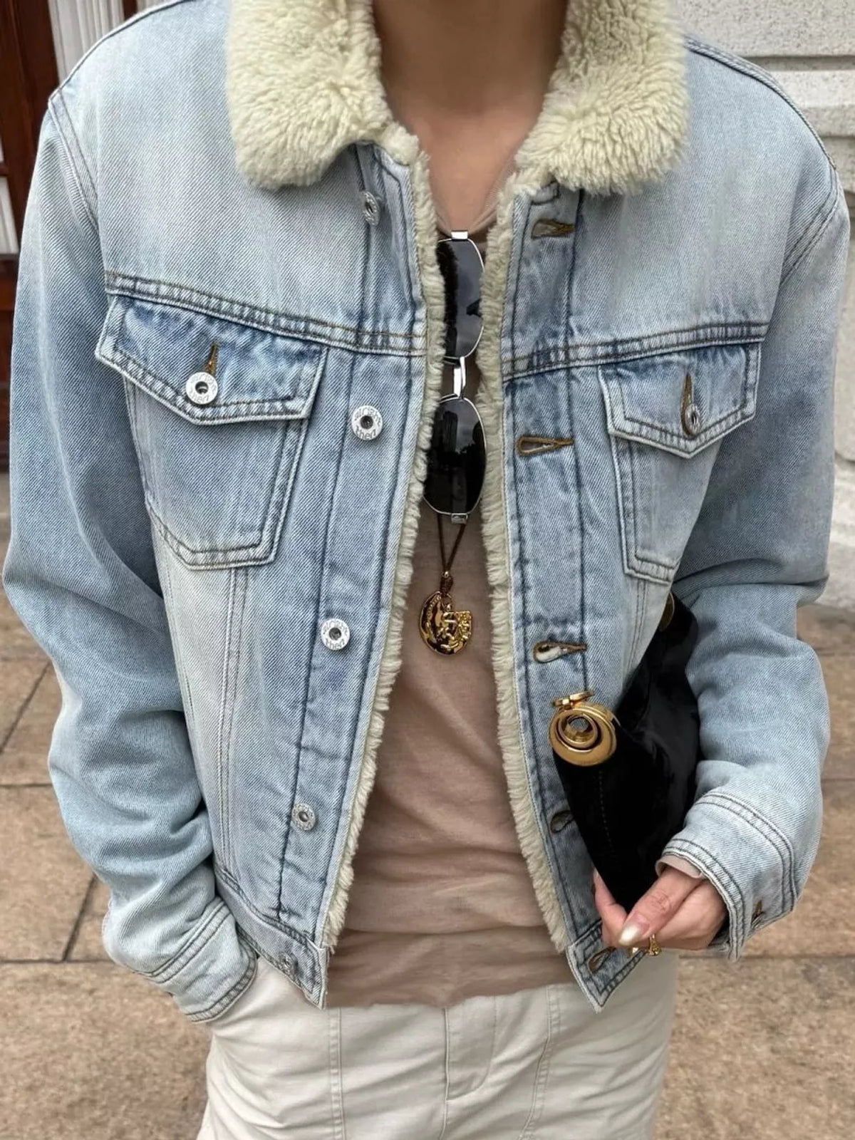 Red Plaid Sherpa-Lined Denim Jacket in Red-Plaid