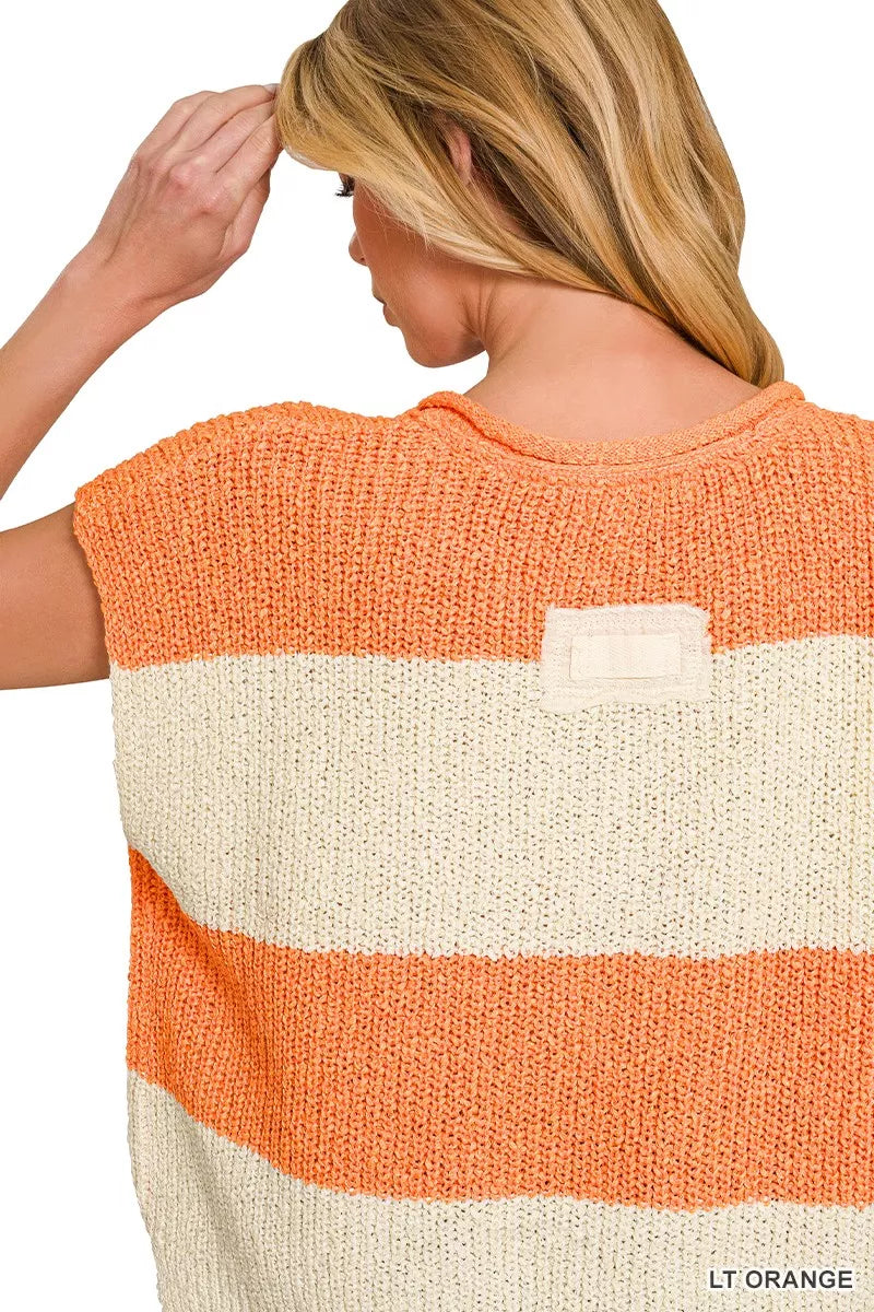 Zenana Split Neck Sleeveless Stripe Sweater in Light Orange in Lt orange