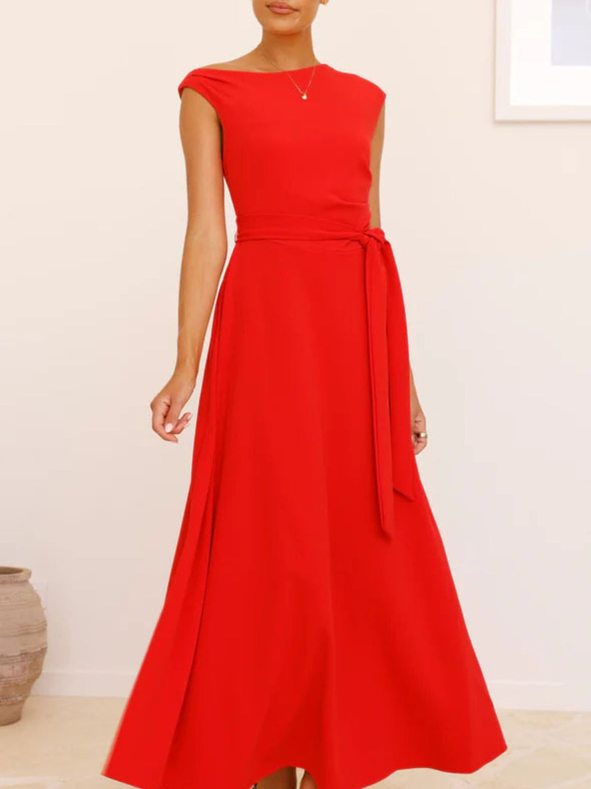 One-Shoulder Tie Waist Maxi Dress