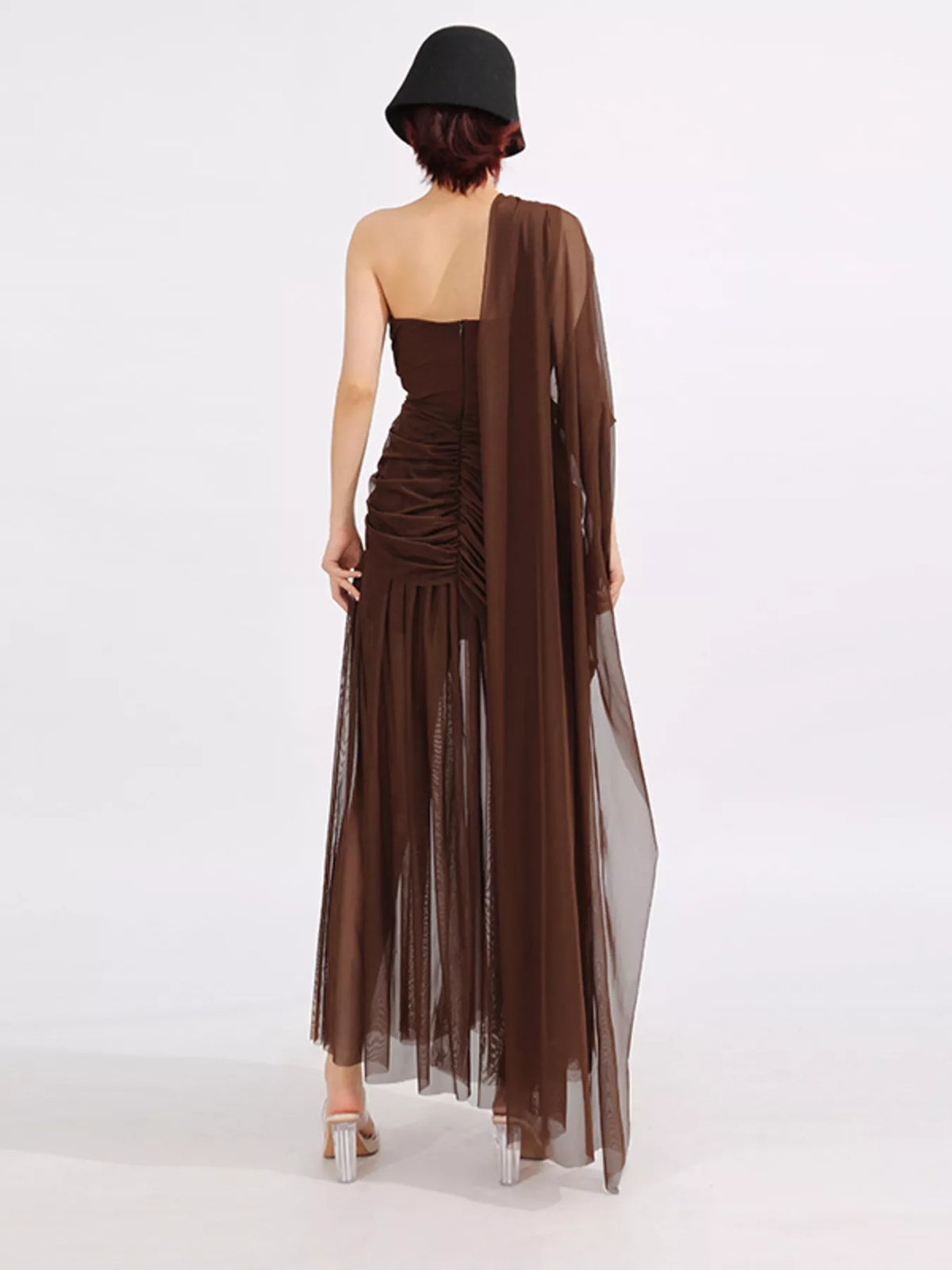 One-Shoulder Mesh Dress in Coffee in Coffee Color