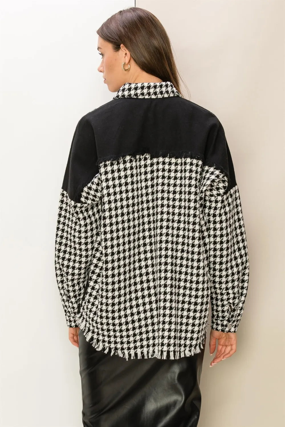 Hyfve Houndstooth Contrast Raw Hem Jacket in Black