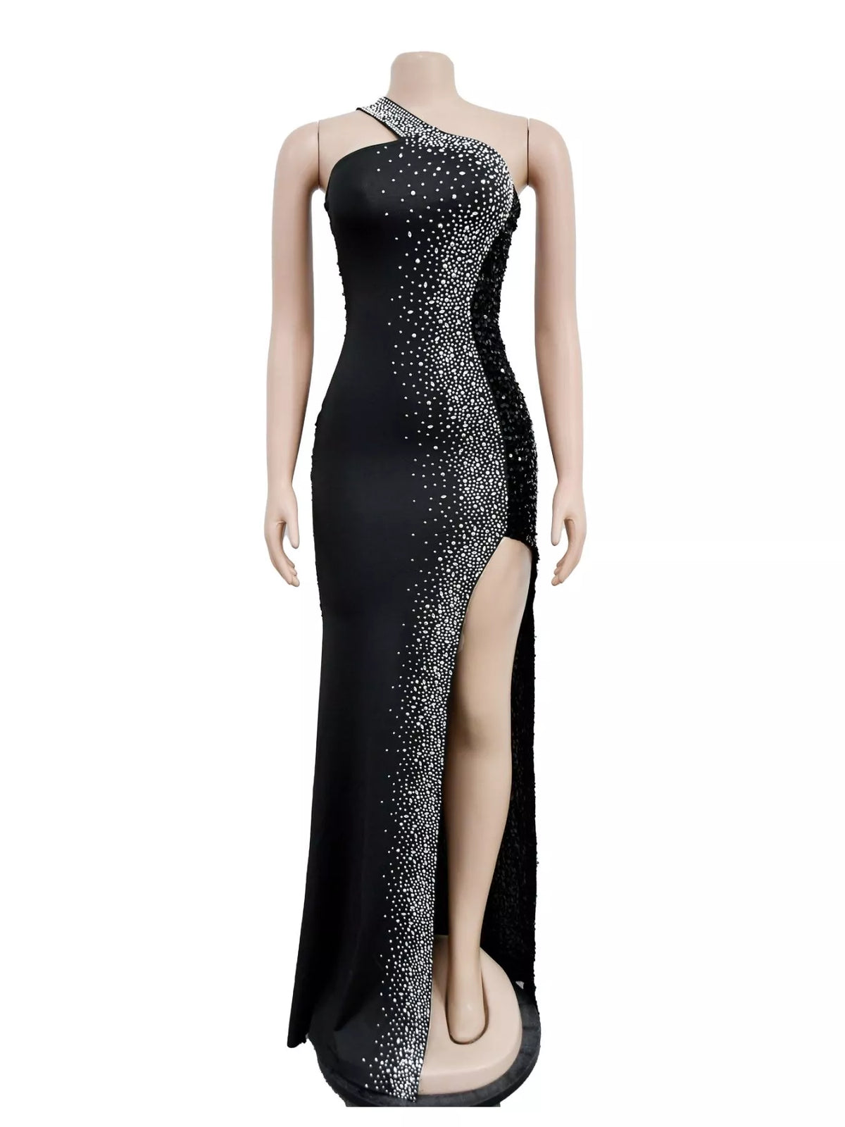 Rhinestone One-Shoulder High-Slit Maxi Dress