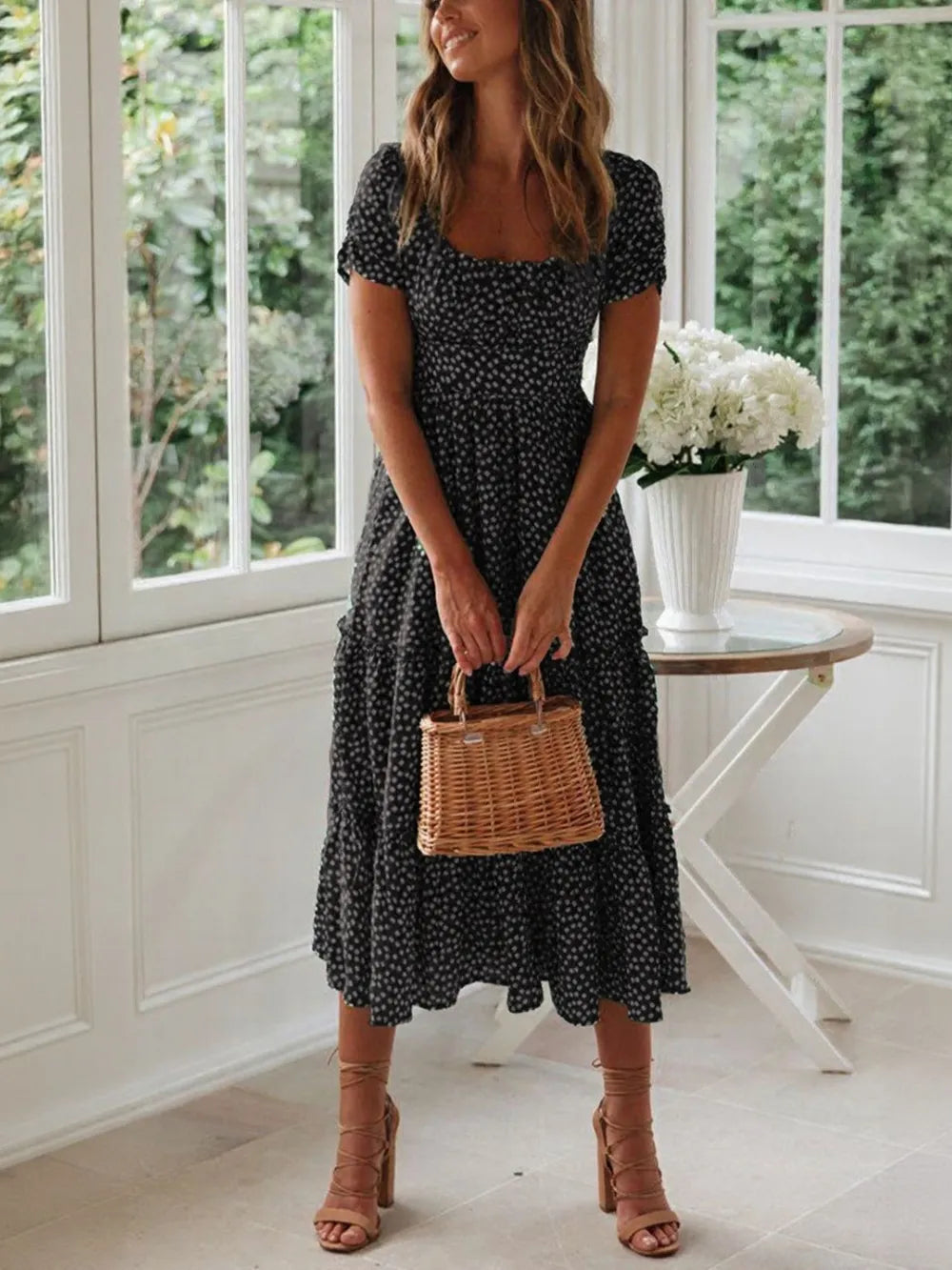 Printed Square Neck Midi Dress by Ease Mee