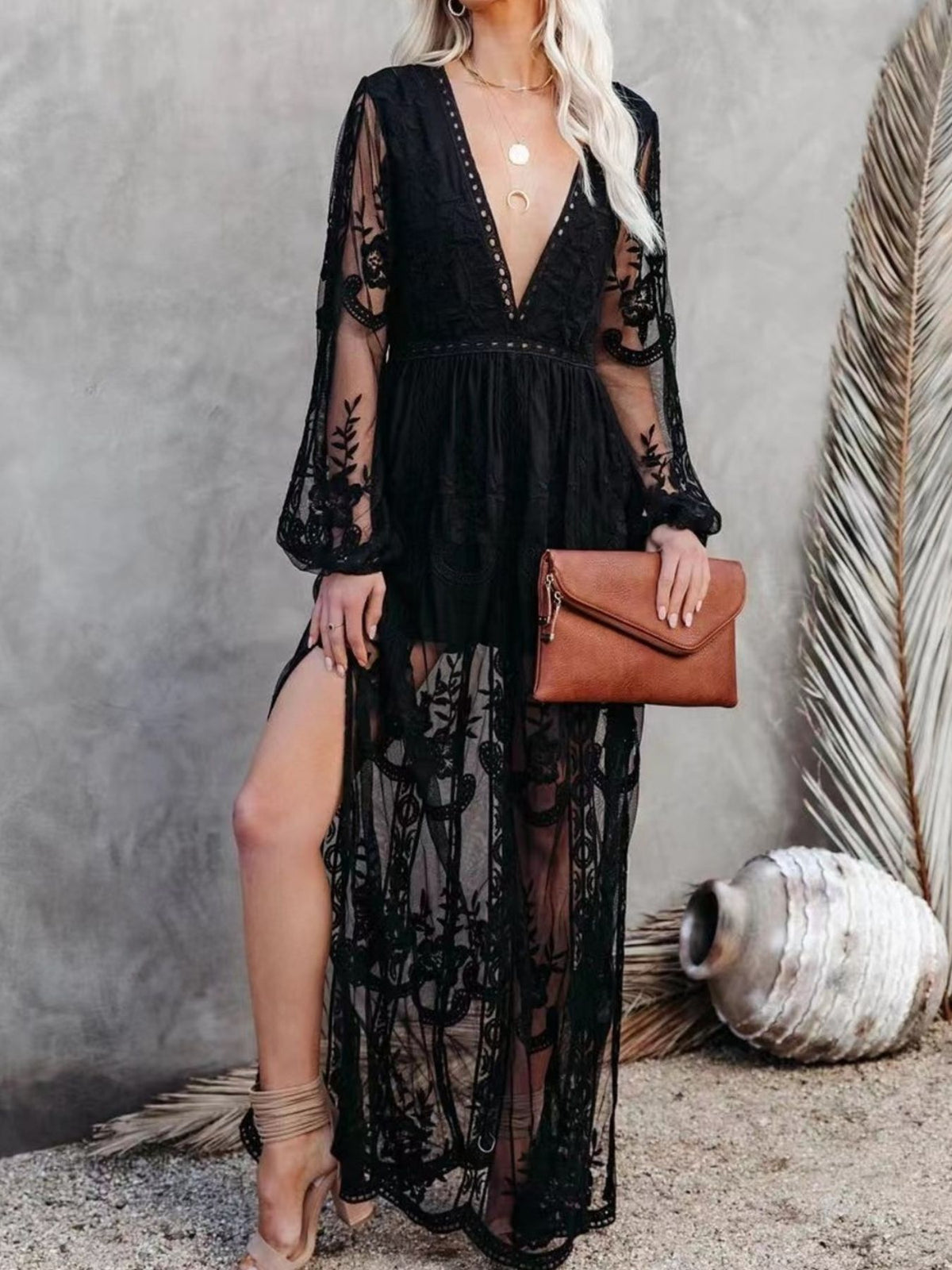Floral Lace Maxi Dress with Side Slit
