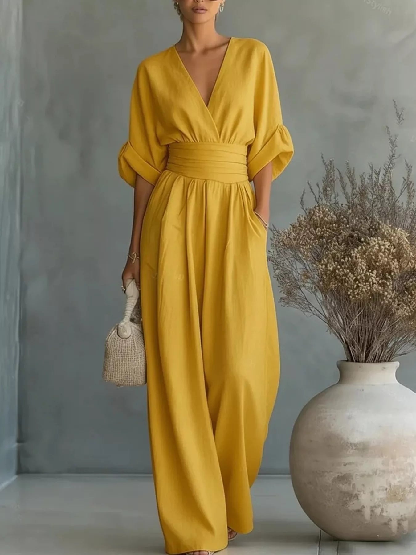 Half Sleeve Wide Leg Jumpsuit