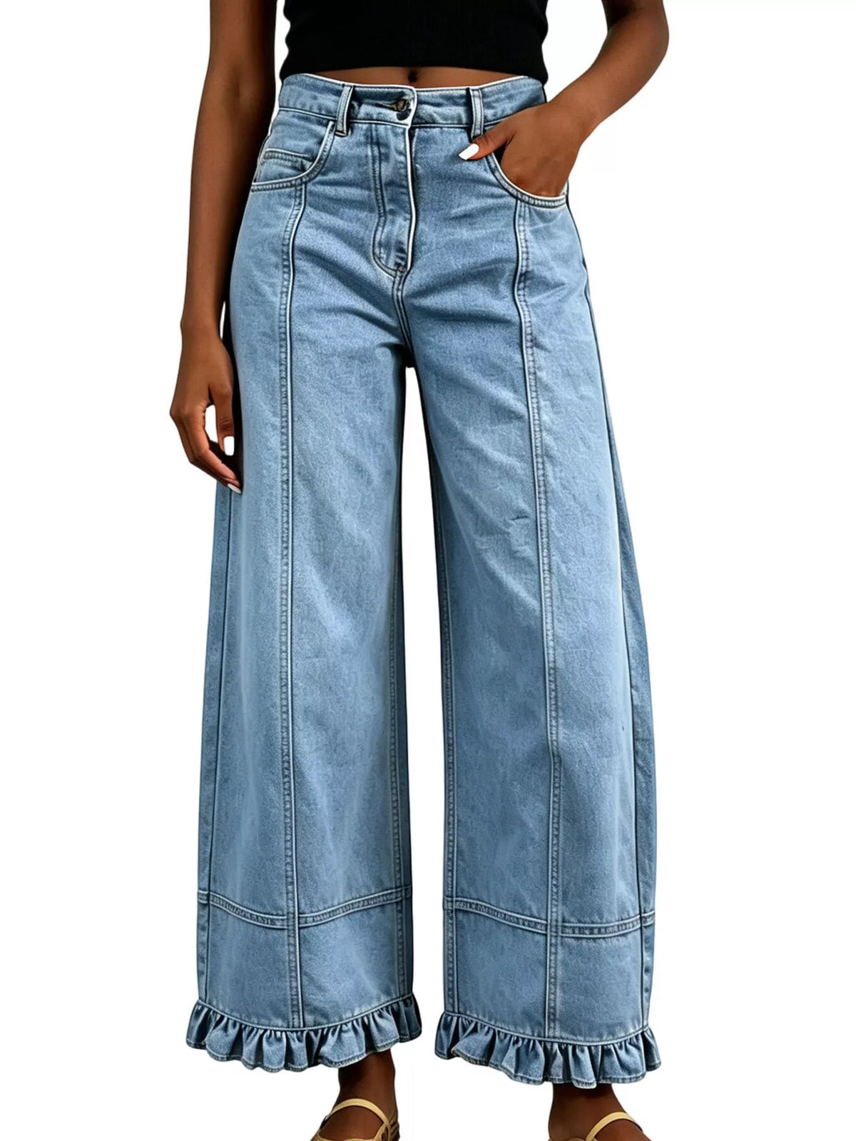 High-Waisted Wide-Leg Ruffled Hem Jeans by Dreamy Drapes